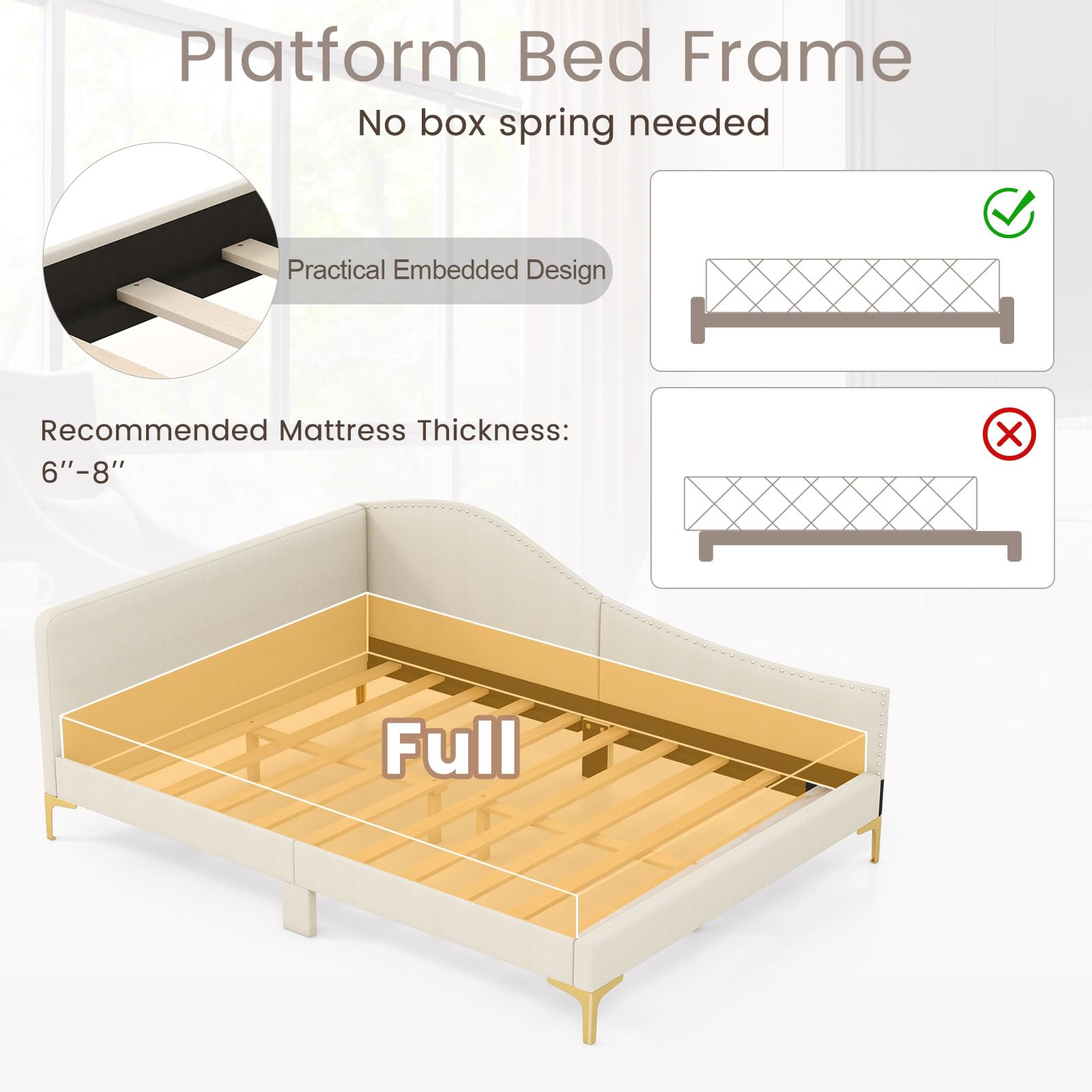 Rivet-Tufted Platform Bed Frame with Headboard, Metal Legs & Wood Slats, L-Shaped Corner Sofa Bed