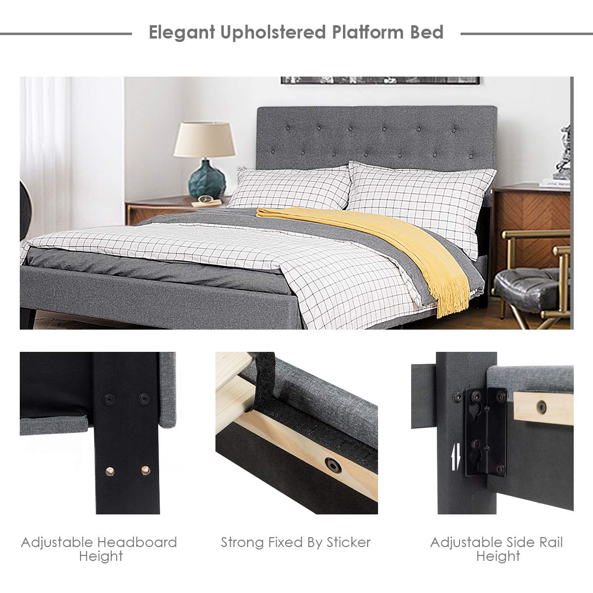 Shalini Upholstered Panel Platform Bed Frame with Diamond Stitched Linen Panel Headboard