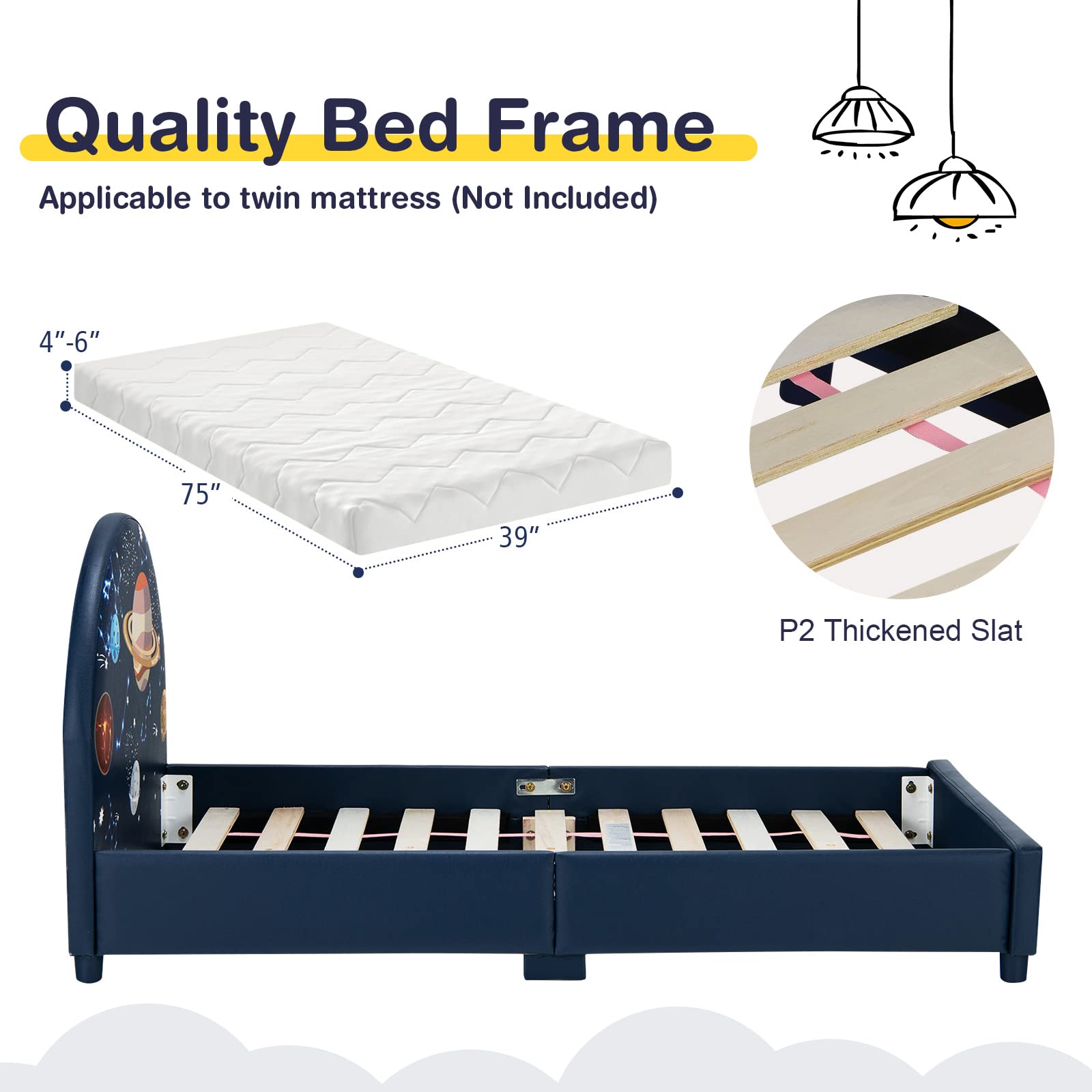 Kids Bed, Toddler Upholstered Platform Floor Bed w/Headboard & Wooden Slat Base