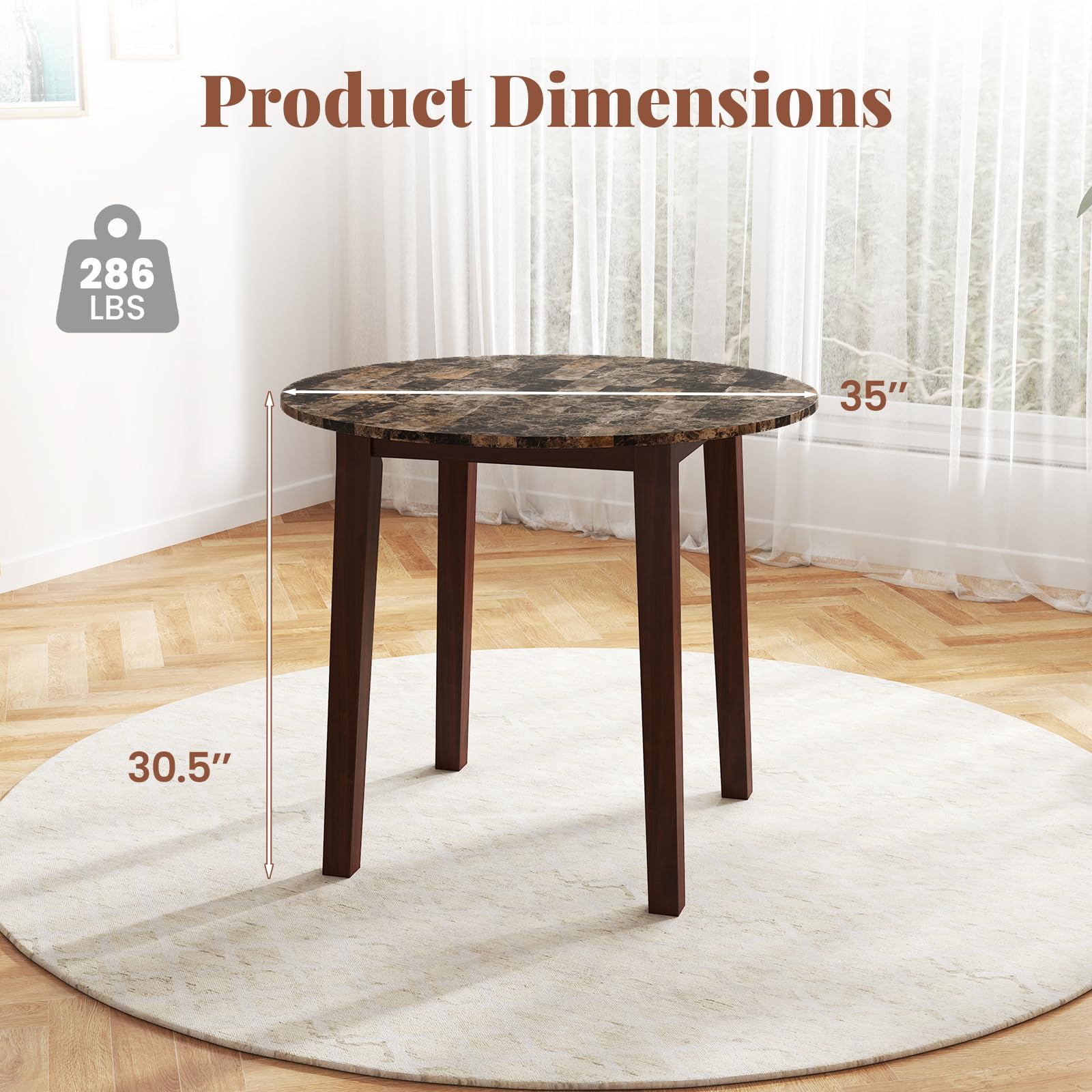 35&rdquo; Round Dining Table - Kitchen Table with Rubber Wood Legs, Marble-Textured Veneer Tabletop