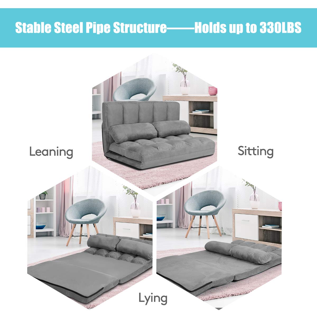 Various Colours Available 6-Position Adjustable Floor Sofa with 2 Pillows