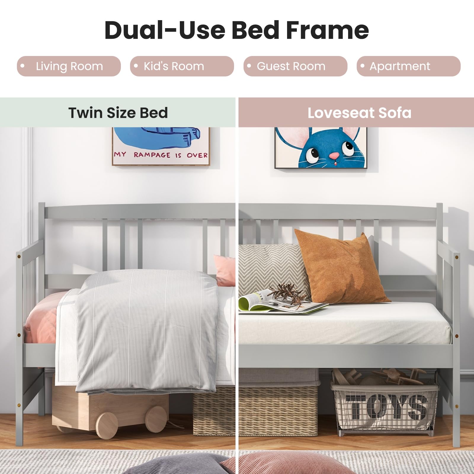 Twin Daybed Frame, Wooden Sofa Bed Guest Bed with Rails & Wood Slat Support