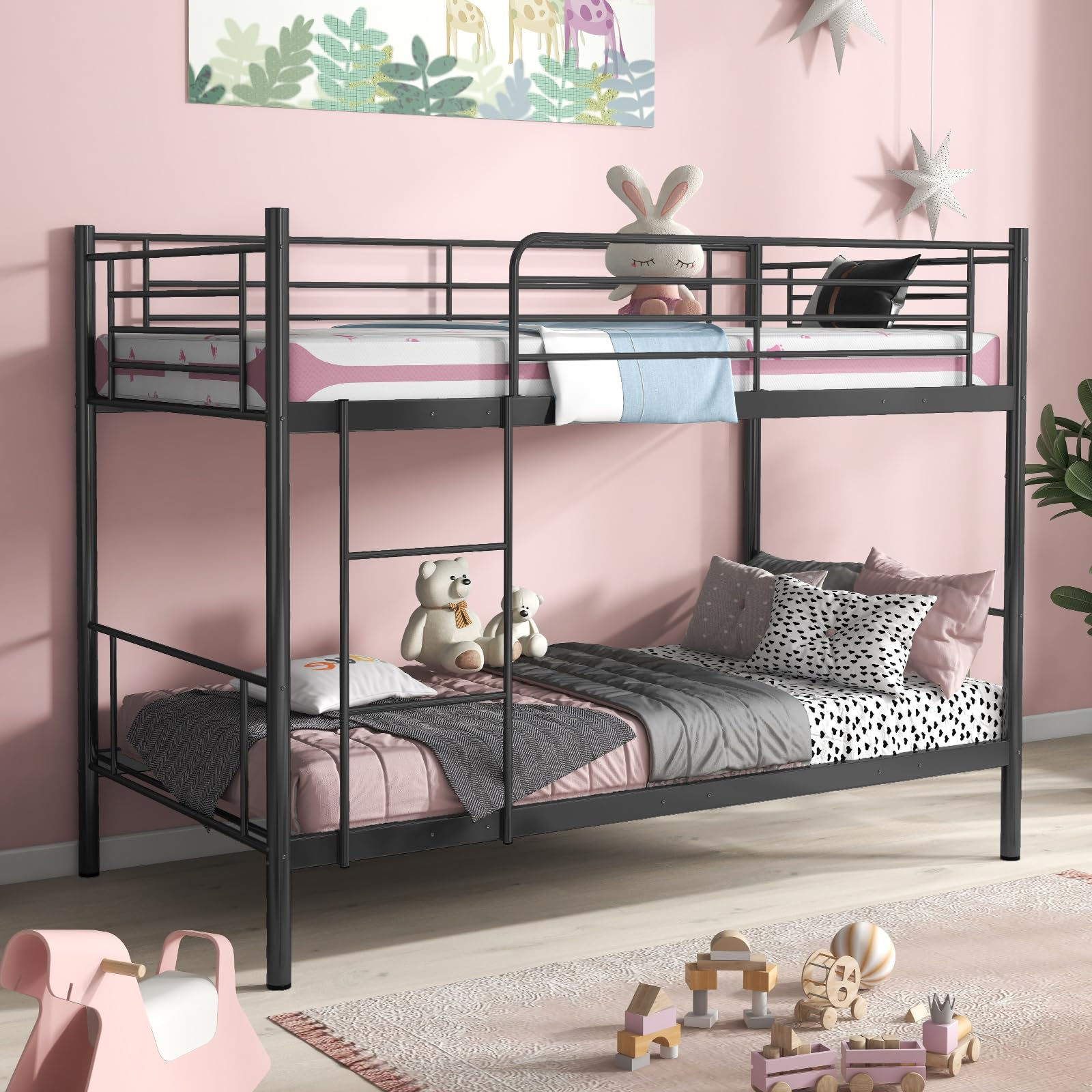 Twin Over Twin Metal Bunk Bed with Ladder & Full-Length Guardrails