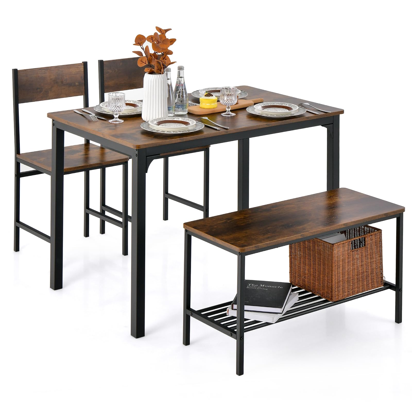 Dining Table Set for 4, Industrial Gathering Bench Dining Set W/Metal Frame & Storage Rack