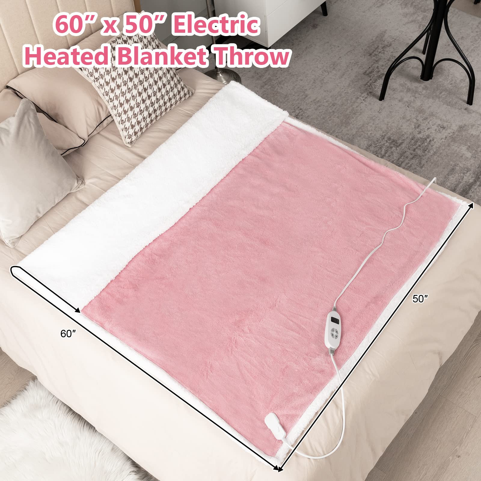 Heated Throw Blanket, Reversible Sherpa & Faux Rabbit Fur Heating Blanket w/ 10 Heat Levels, 9H Timer Auto Off, Machine Washable Blanket Warmer