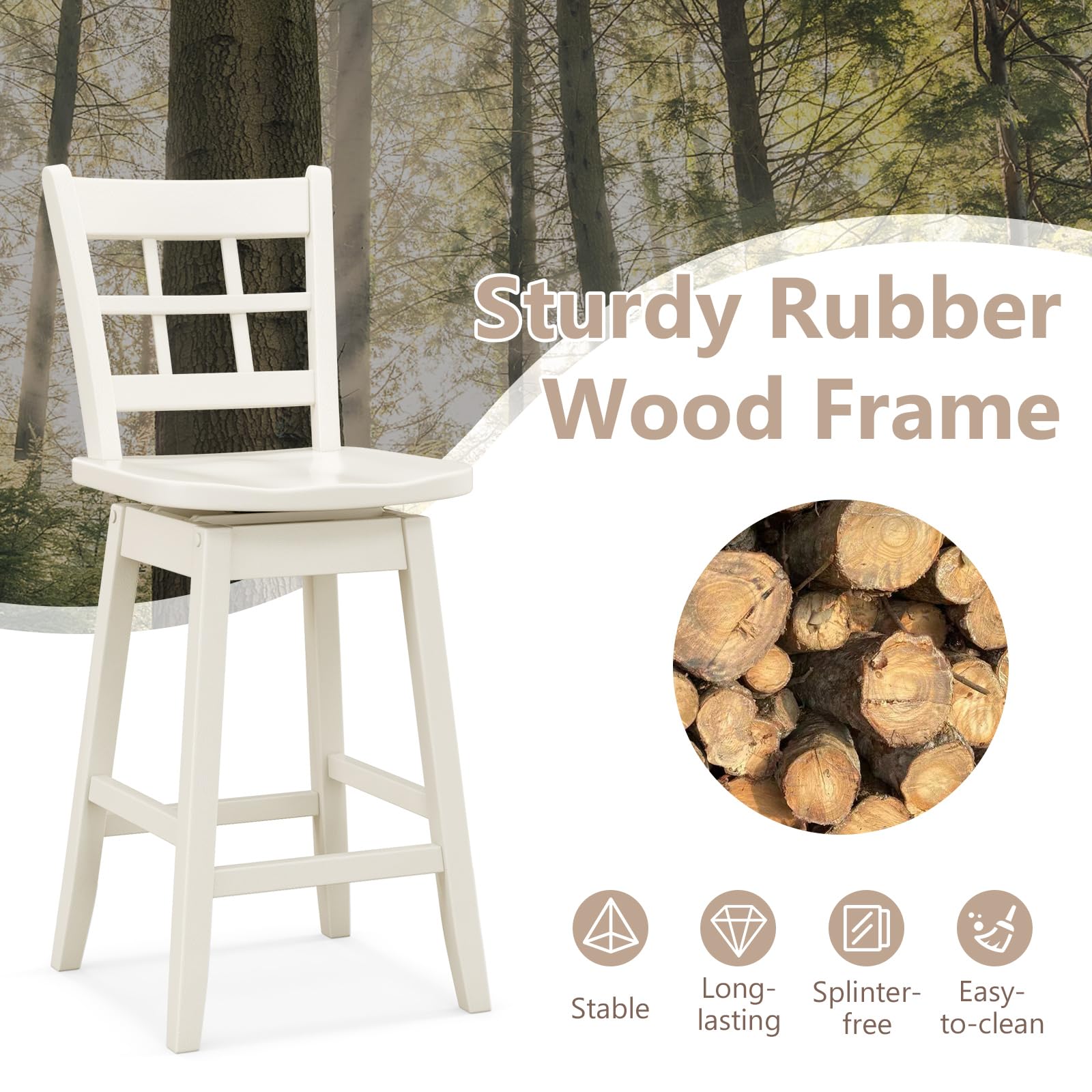 24.5" Bar Stools Set of 2/4, Farmhouse Swivel Barstools with 6-Grid Hollow Back & Ergonomic Contoured Seat, Footrest