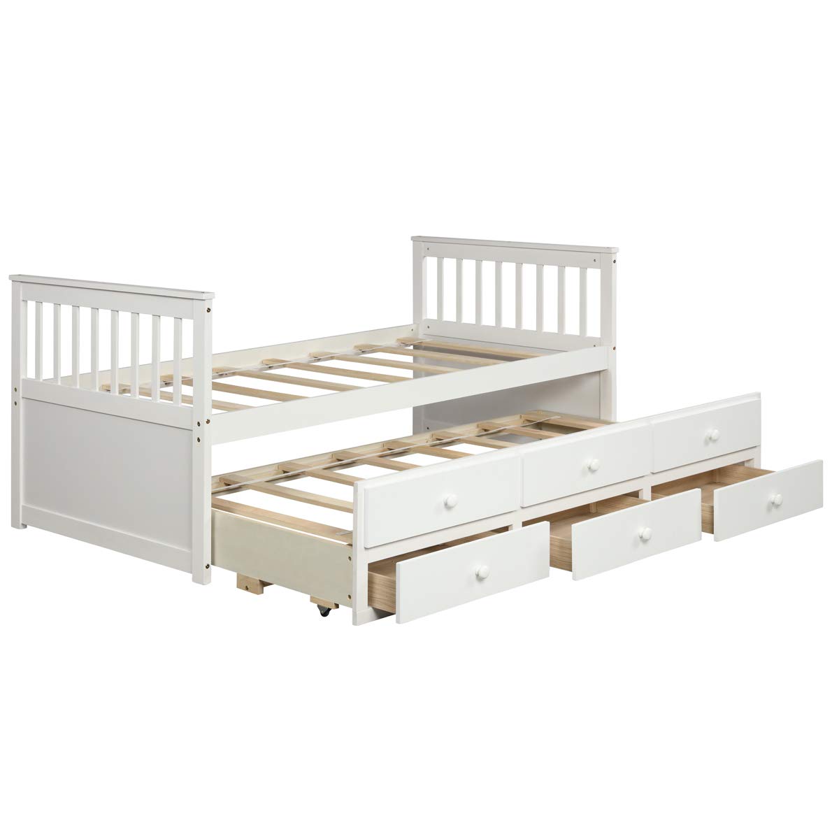 Twin Captain&rsquo;s Bed with Trundle Bed, Wood Storage Daybed with 3 Storage Drawers