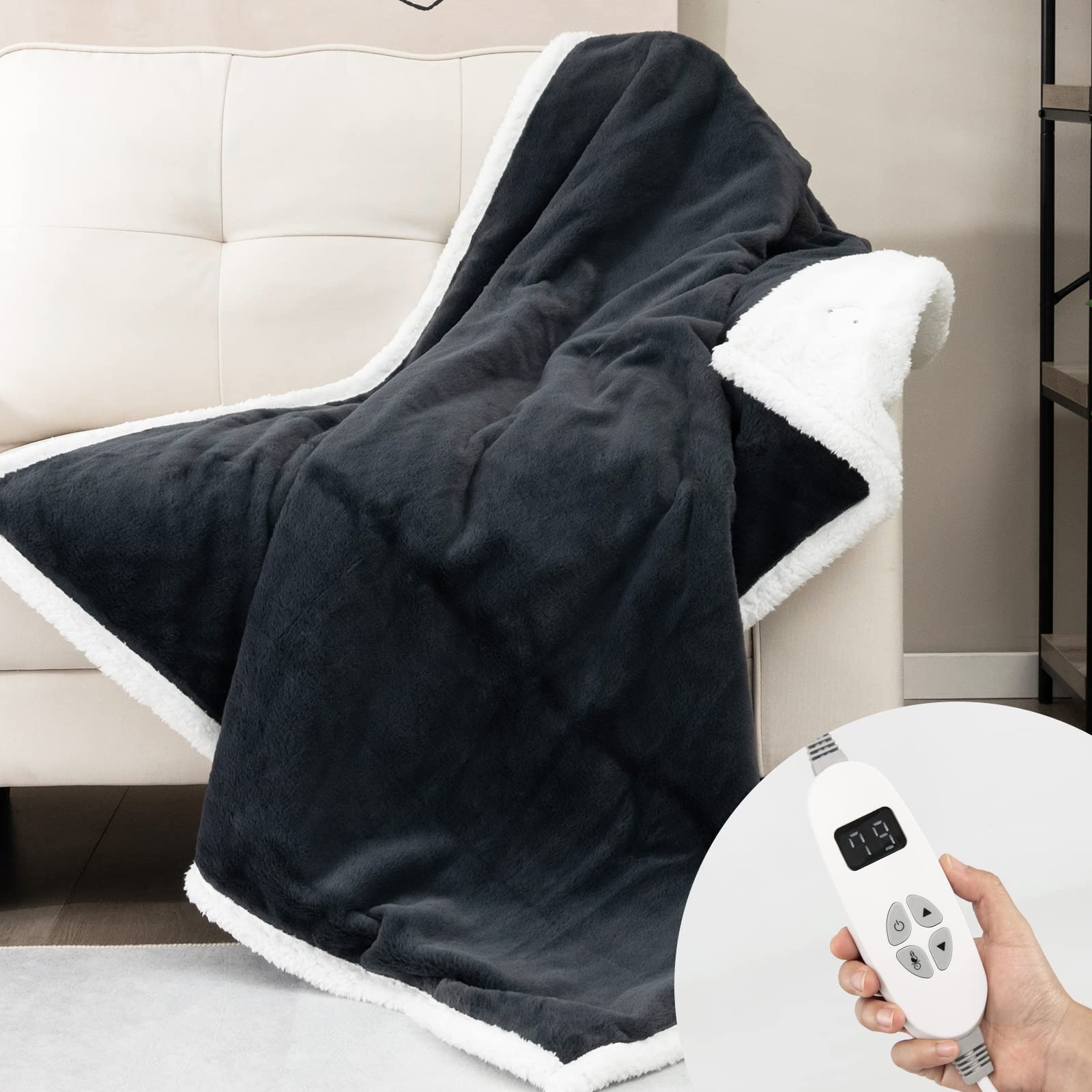 Heated Throw Blanket, Reversible Sherpa & Faux Rabbit Fur Heating Blanket w/ 10 Heat Levels, 9H Timer Auto Off, Machine Washable Blanket Warmer