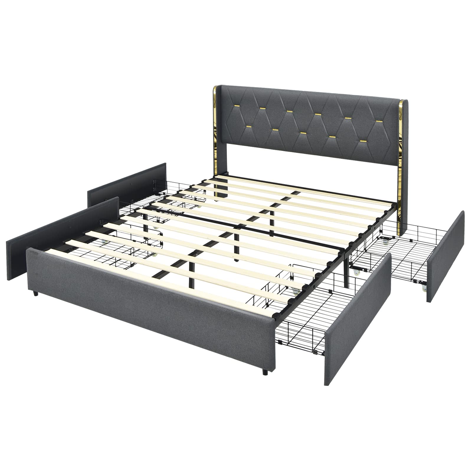 Full/Queen Upholstered Bed Frame with 4 Rolling Storage Drawers, Space Saving PU Leather Bed Frame