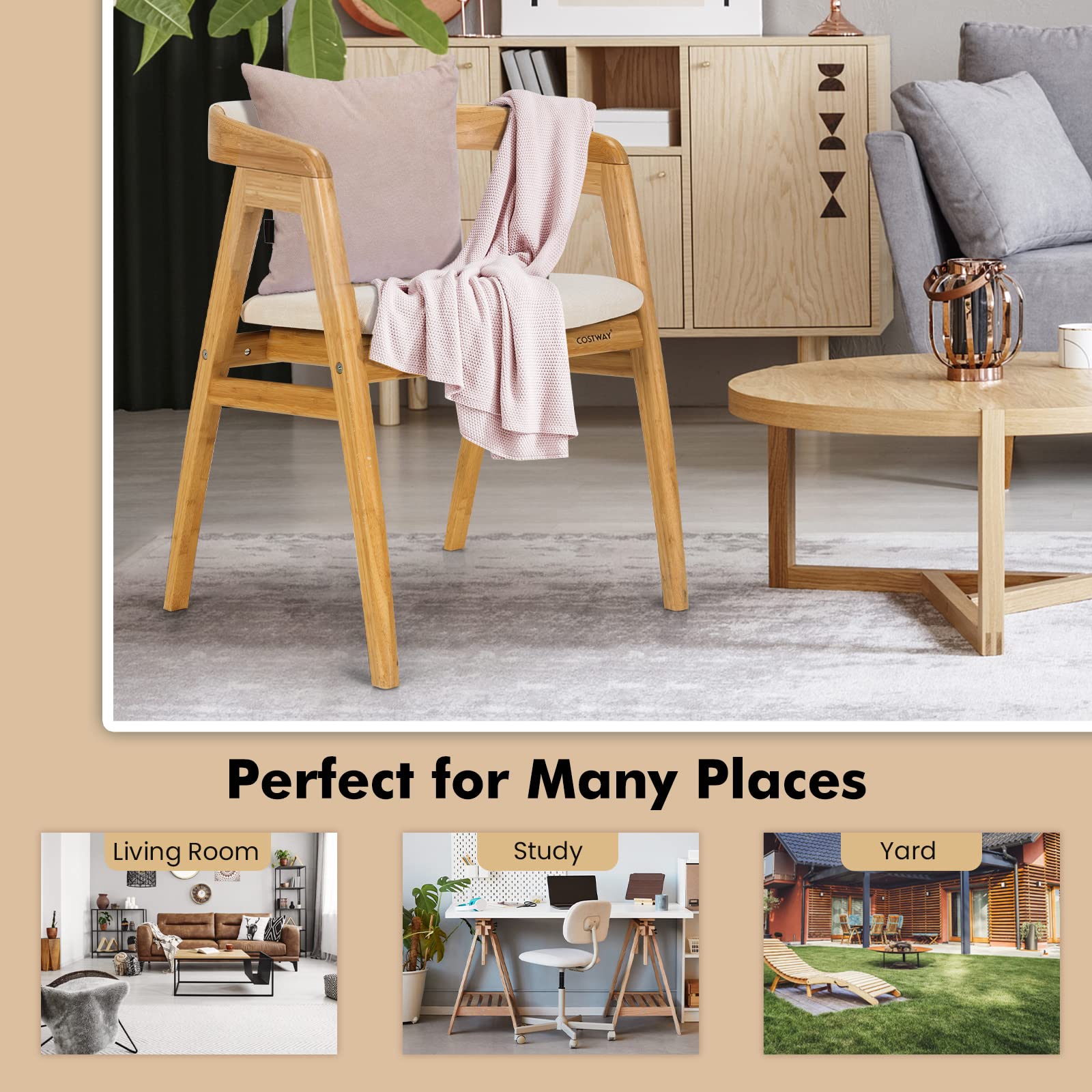 Bamboo Accent Chair, Modern Painted Bamboo Leisure Chair w/Comfy Fiber Cushion, Curved Backrest, Solid Legs