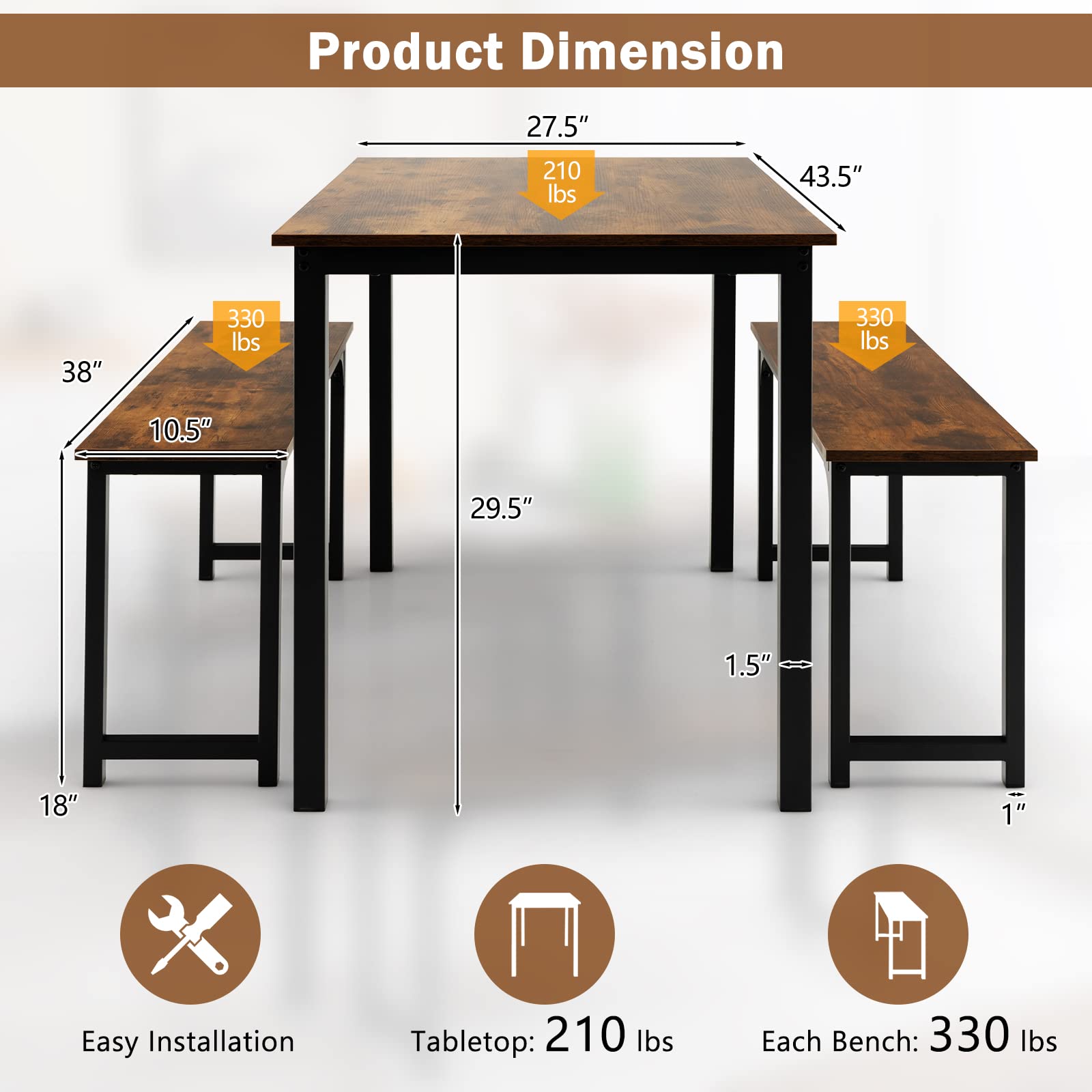 Dining Table Set for 4, 3-Piece Kitchen Table with 2 Benches
