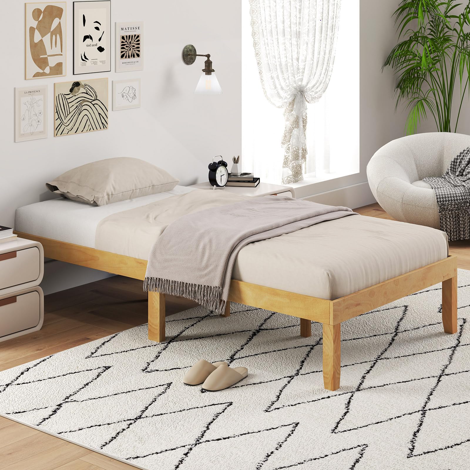 Wood Platform Bed Frame, 14 Inches Wooden Mattress Foundation with Solid Rubber Wood Legs