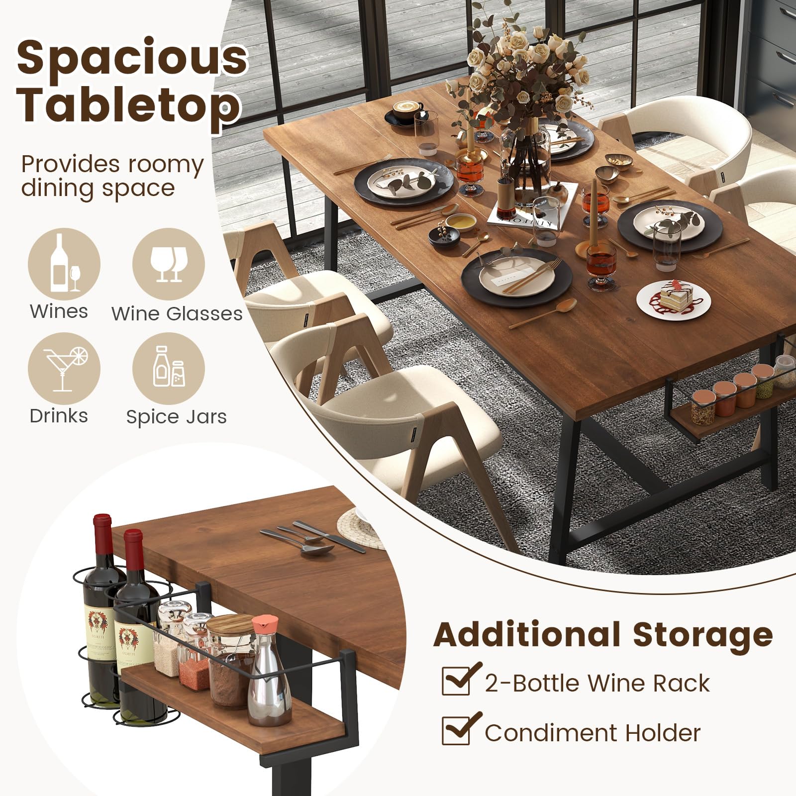 72-Inch Dining Table for 5-7, Rectangular Kitchen Table with 2-Bottle Wine Rack, Condiment Holder & Metal Footrest