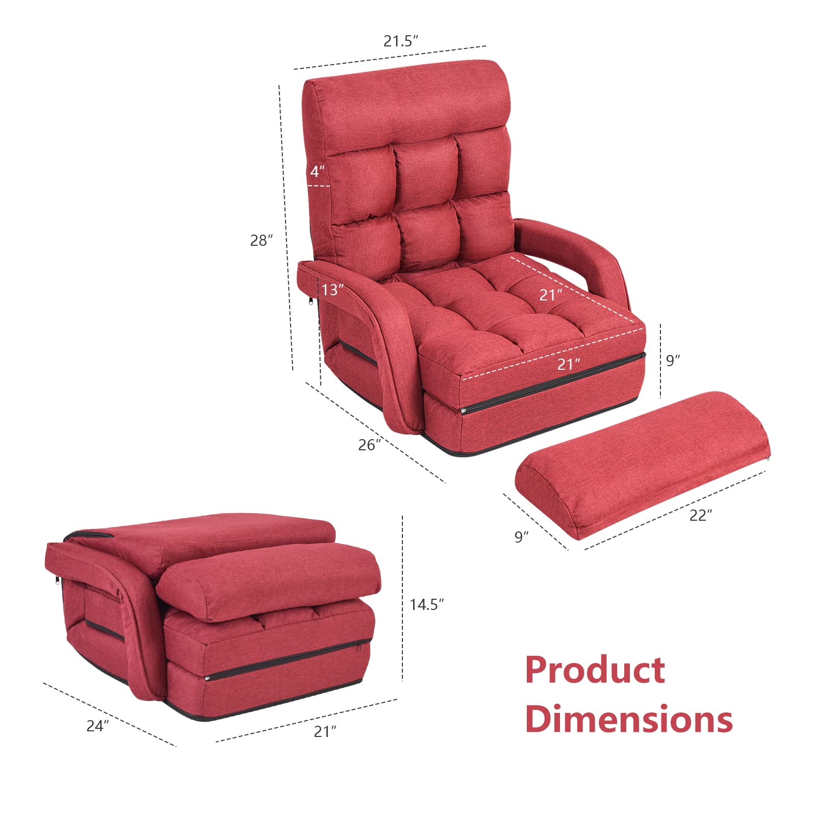 Adjustable Floor Chair, Folding Lazy Sofa Chair with 5 Positions, Detachable Seat Cushion