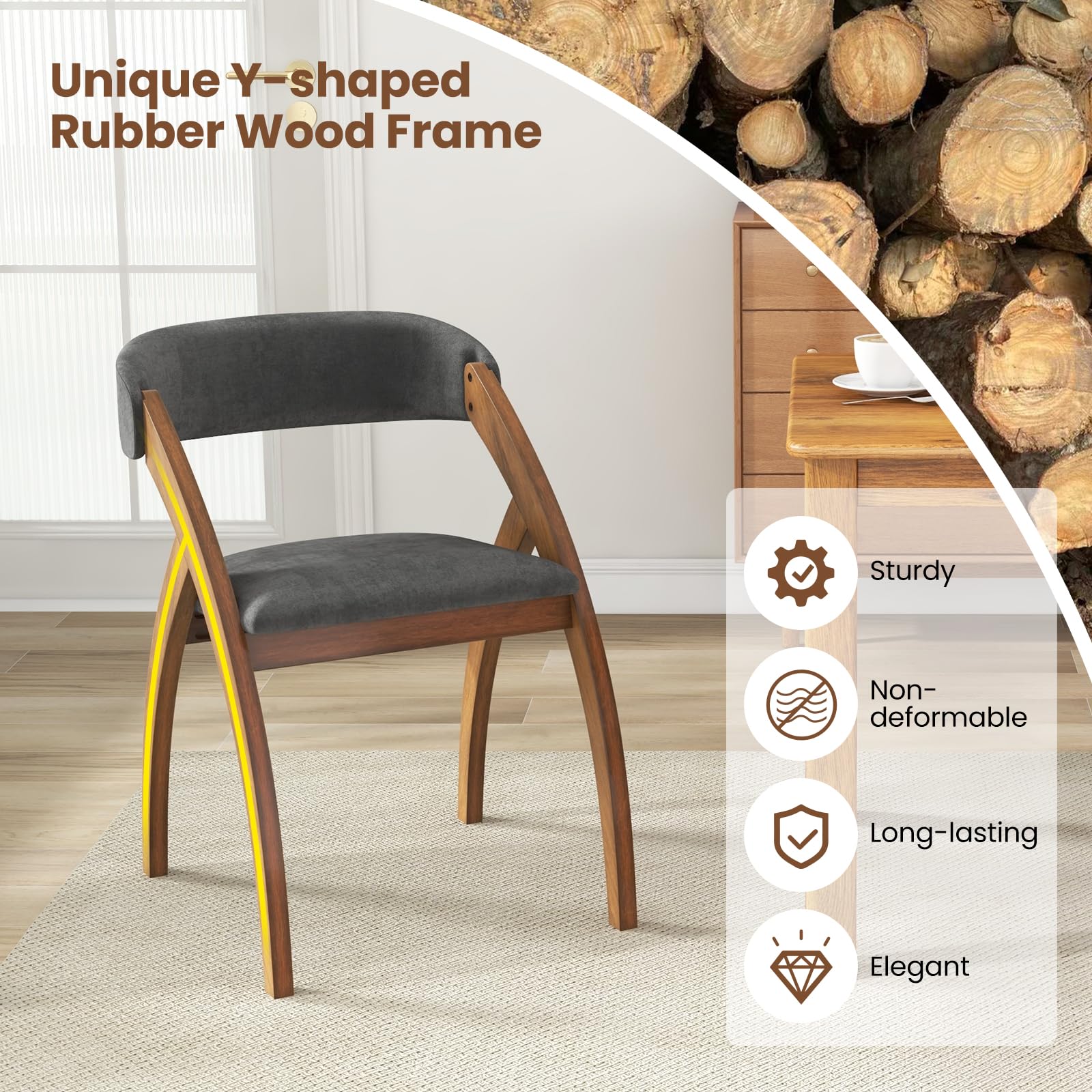 Wooden Dining Chairs Set of 2/4, Upholstered Kitchen Chairs w/Arched Rubber Wood Legs, Padded Cushion & Curved Back