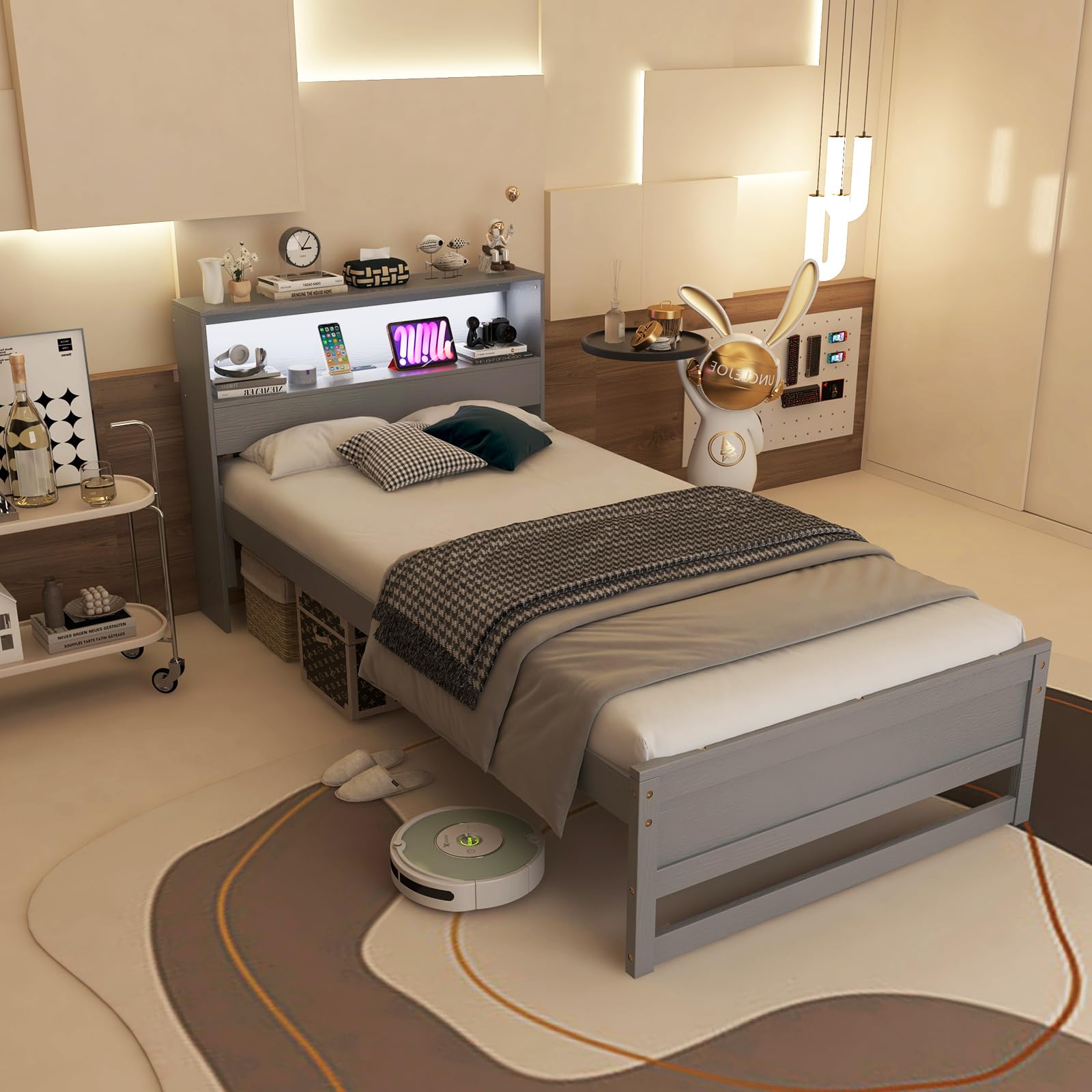 Twin Size Wood Platform Bed Frame with Charging Station & LED Light