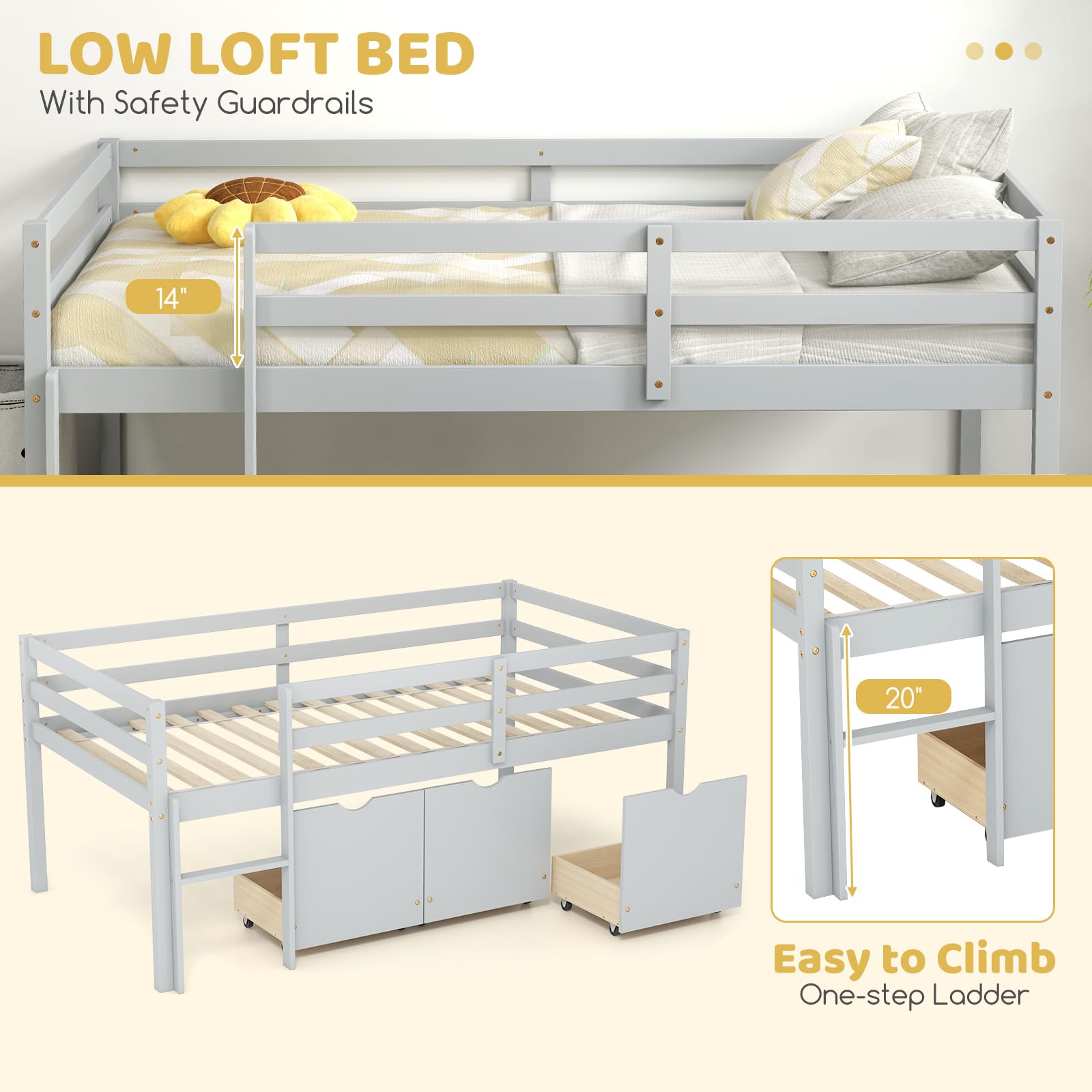 Twin Low Loft Bed with 3 Storage Drawers