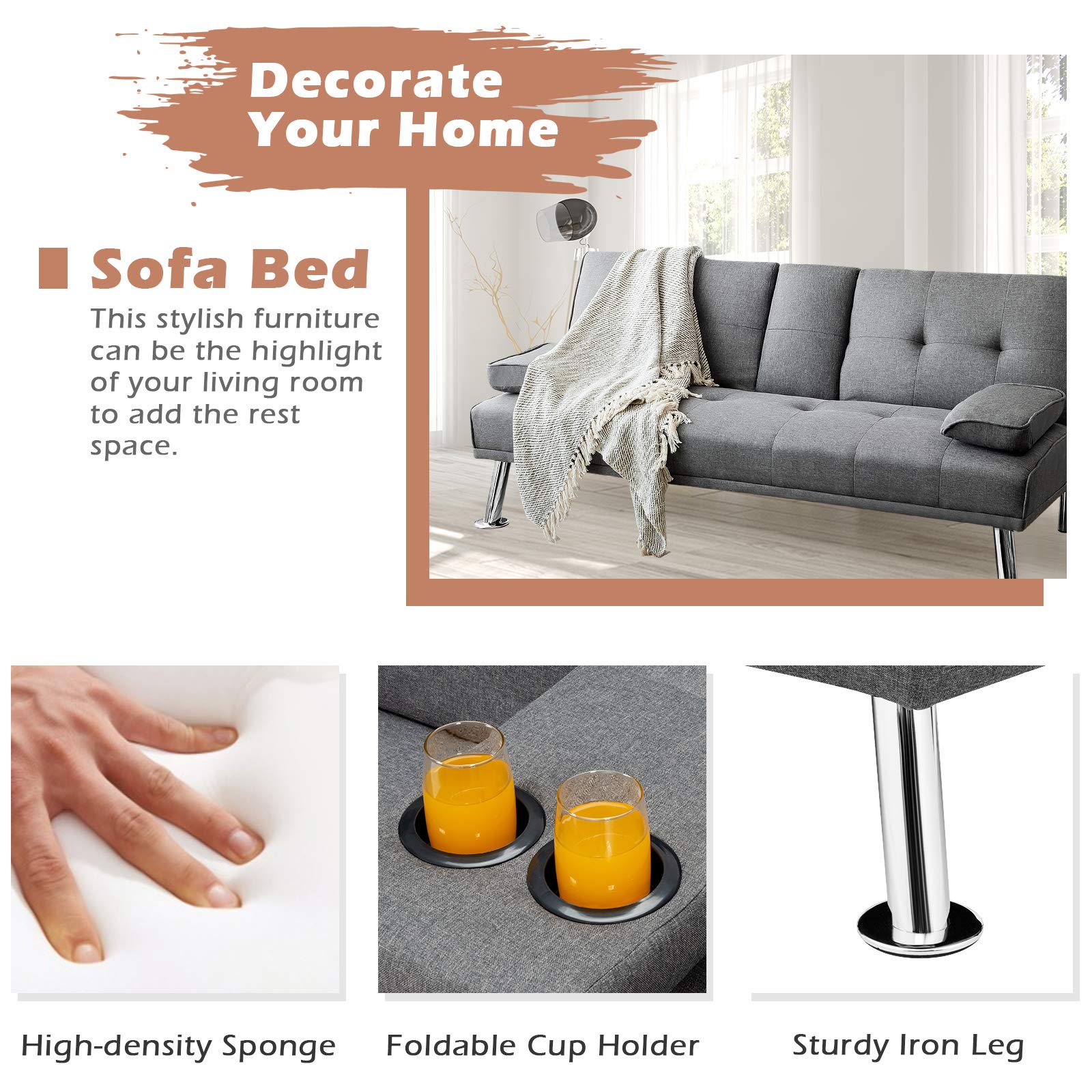 Convertible Futon Sofa Bed with Adjustable Backrest & Removable Armrests, 2 Cup Holders