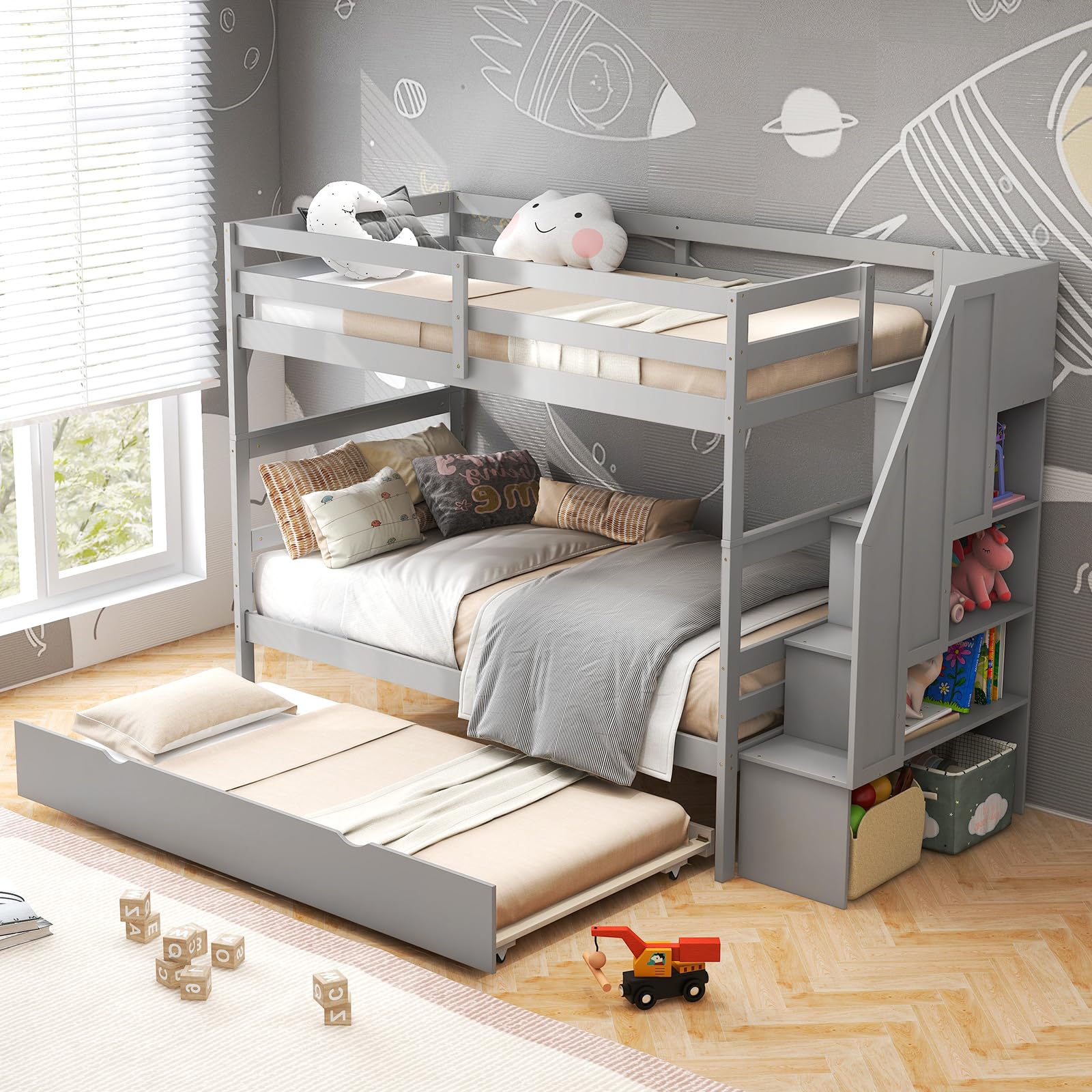 Twin Over Twin Wood Bunk Bed with Trundle & Storage Stairs, Convertible to 2 Separated Beds