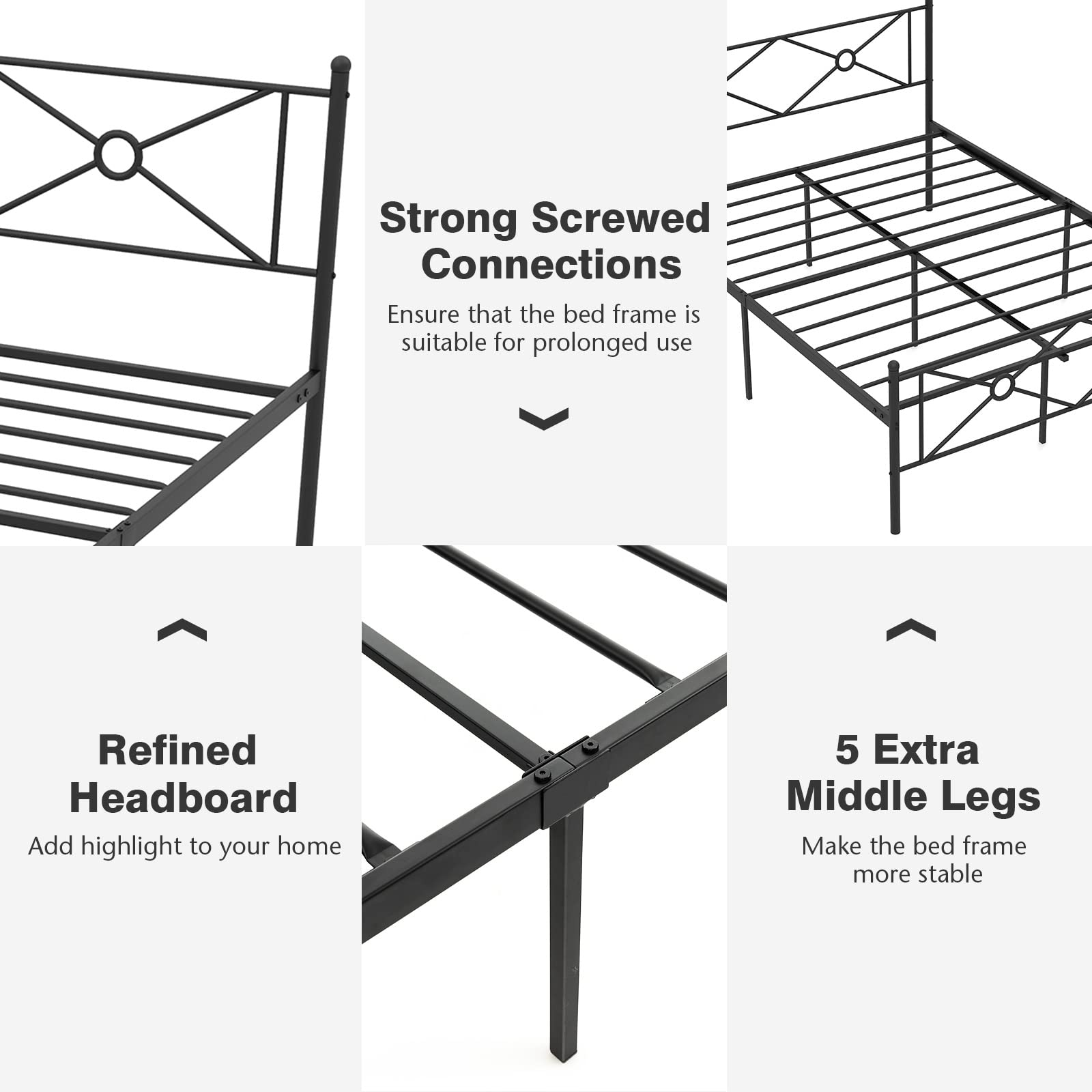 Metal Bed Frame with Headboard & Footboard, Stable Structure