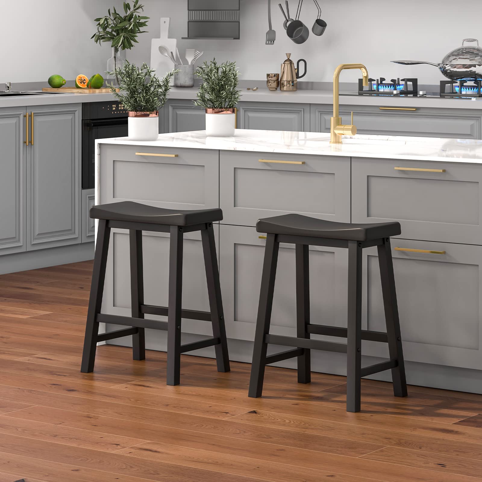 Saddle Stools Set of 2/4, 24-inch Counter Height Barstools with Solid Wood Legs & Footrests