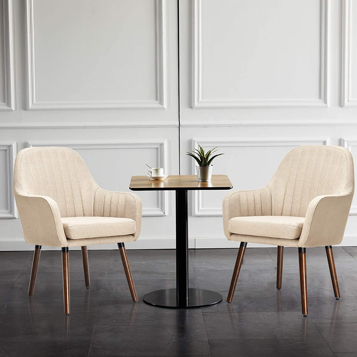 Set of 2/4 Fabric Dining Chairs, Accent Upholstered Arm Chair w/Wood Legs