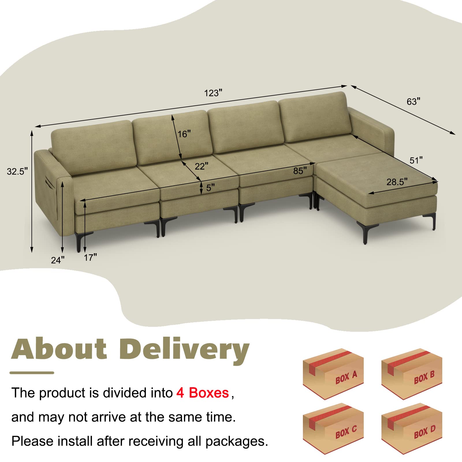 4 Seat Convertible L-Shaped Sofa Couch, 123 Inch Sectional Sleeper with 2 USB Ports Socket