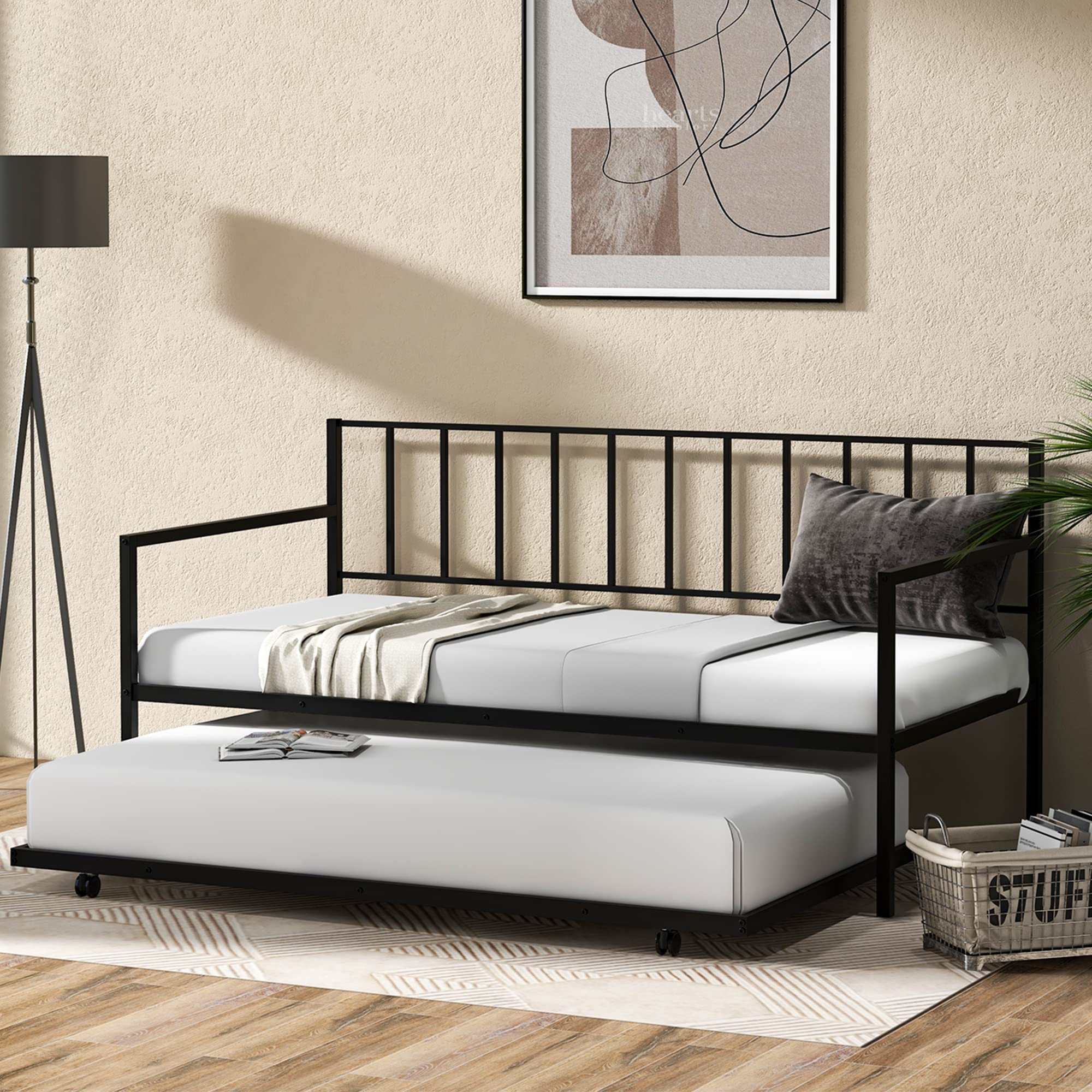 Twin Metal Daybed with Trundle, Metal Sofa Bed & Pull-Out Trundle Set with Lockable Casters