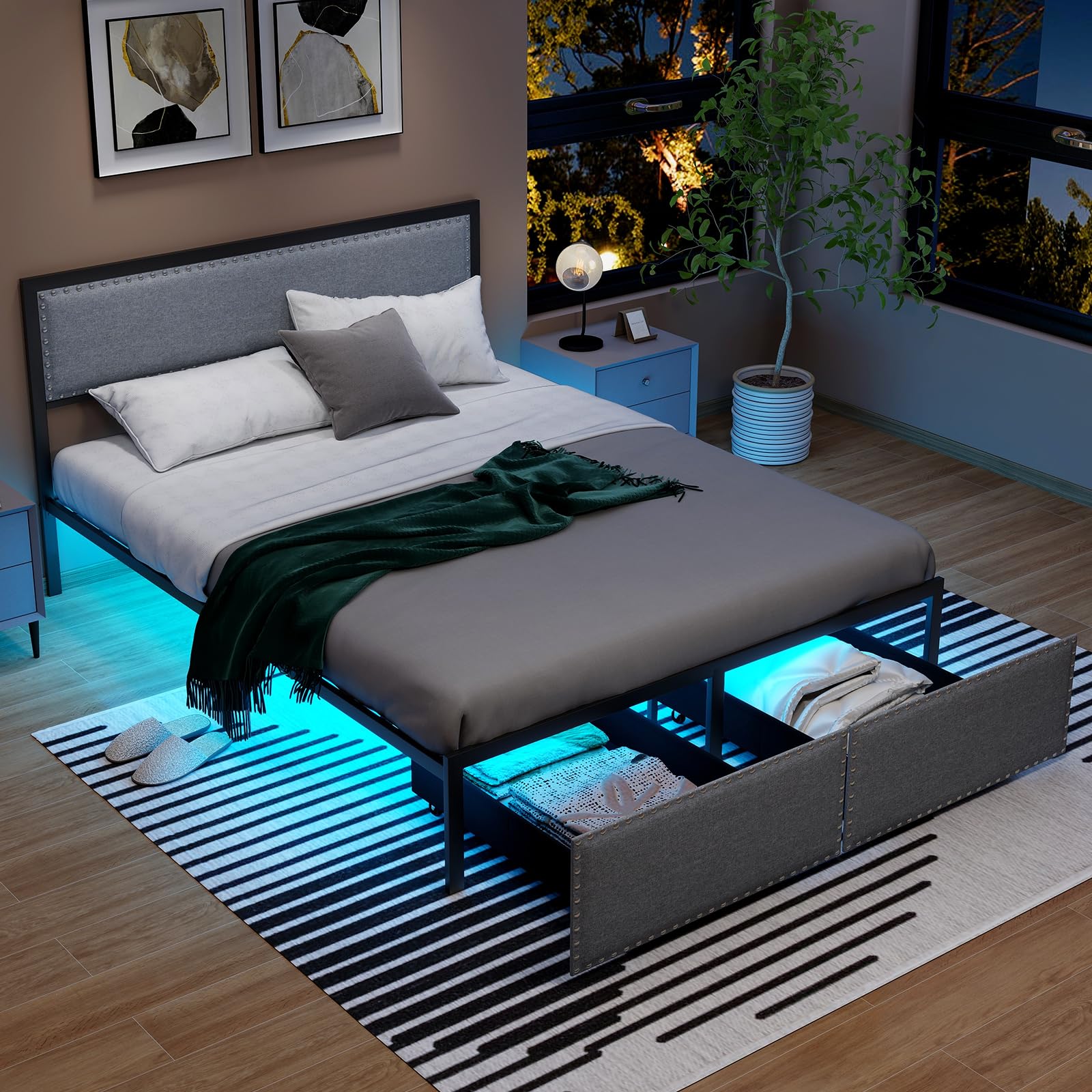  Metal Platform Bed Frame with Storage Drawer