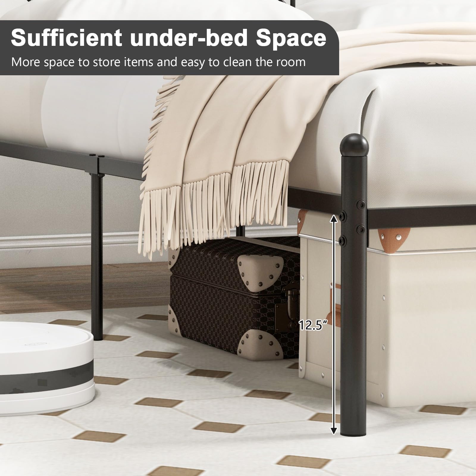 Metal Bed Frame with Victorian Style Headboard, 14 Metal Slats Support