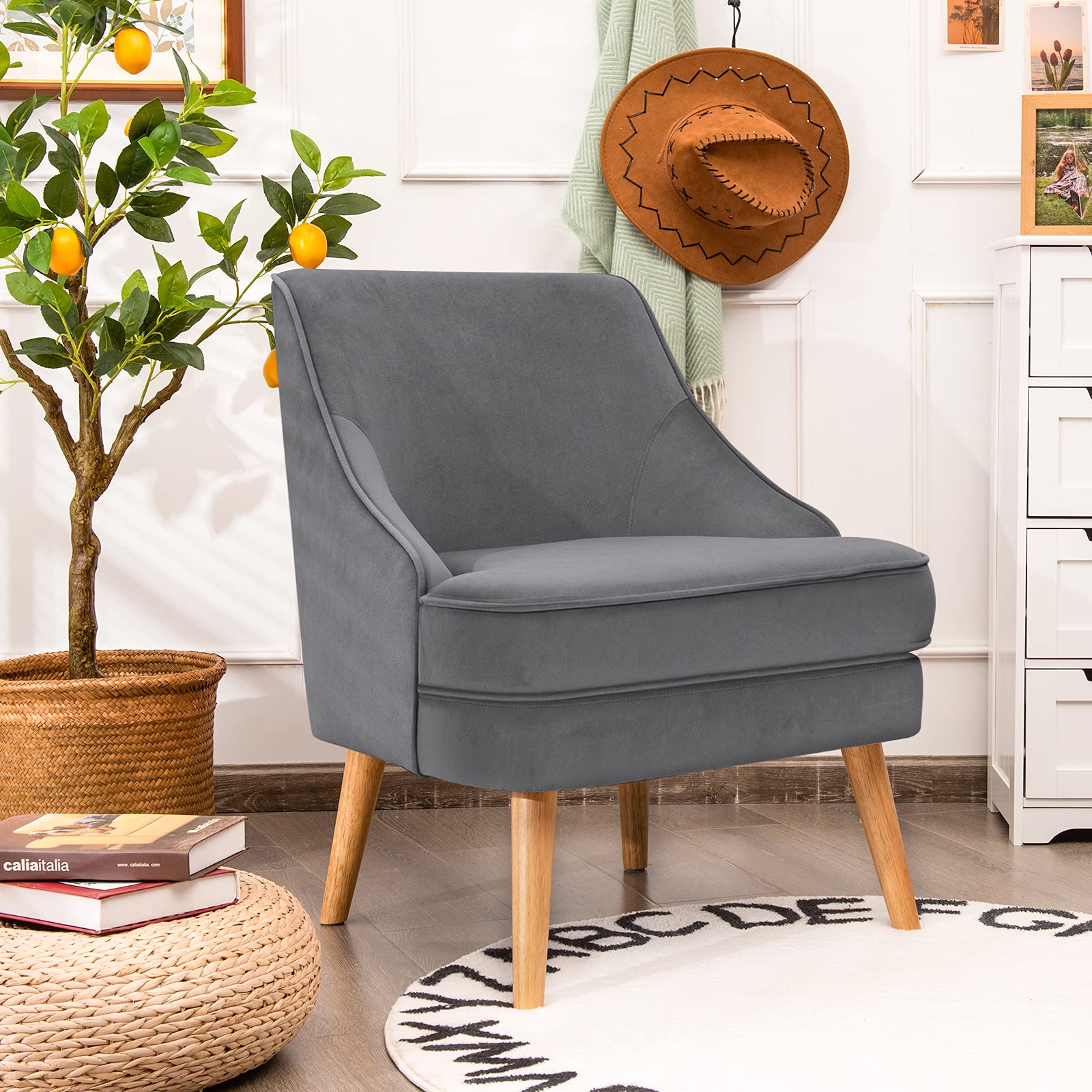 Velvet Accent Chair, Mid Century Single Sofa Chair w/Rubber Wood Legs, Comfy Slipper Chair