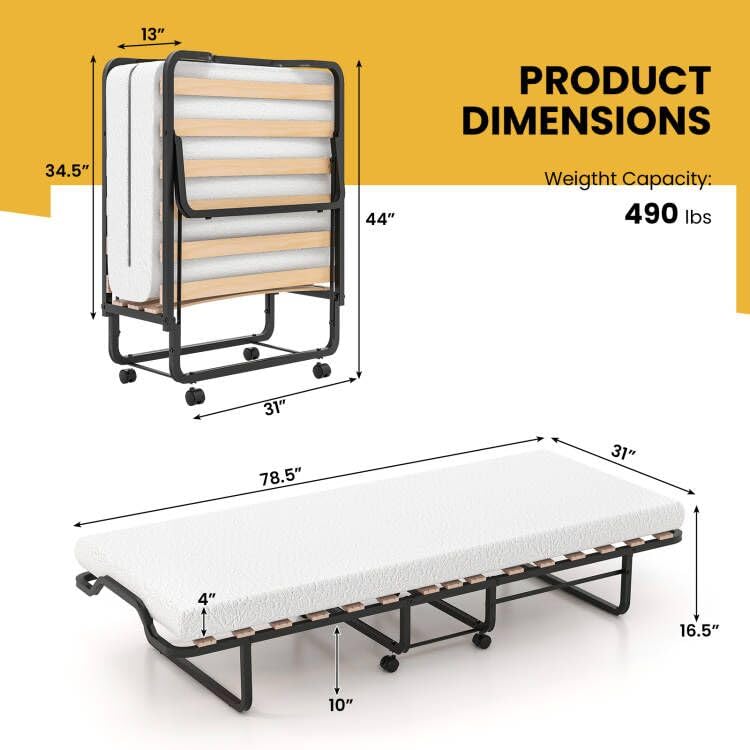 Folding Bed with 4 Inch Memory Foam Mattress & Solid Wood Slats
