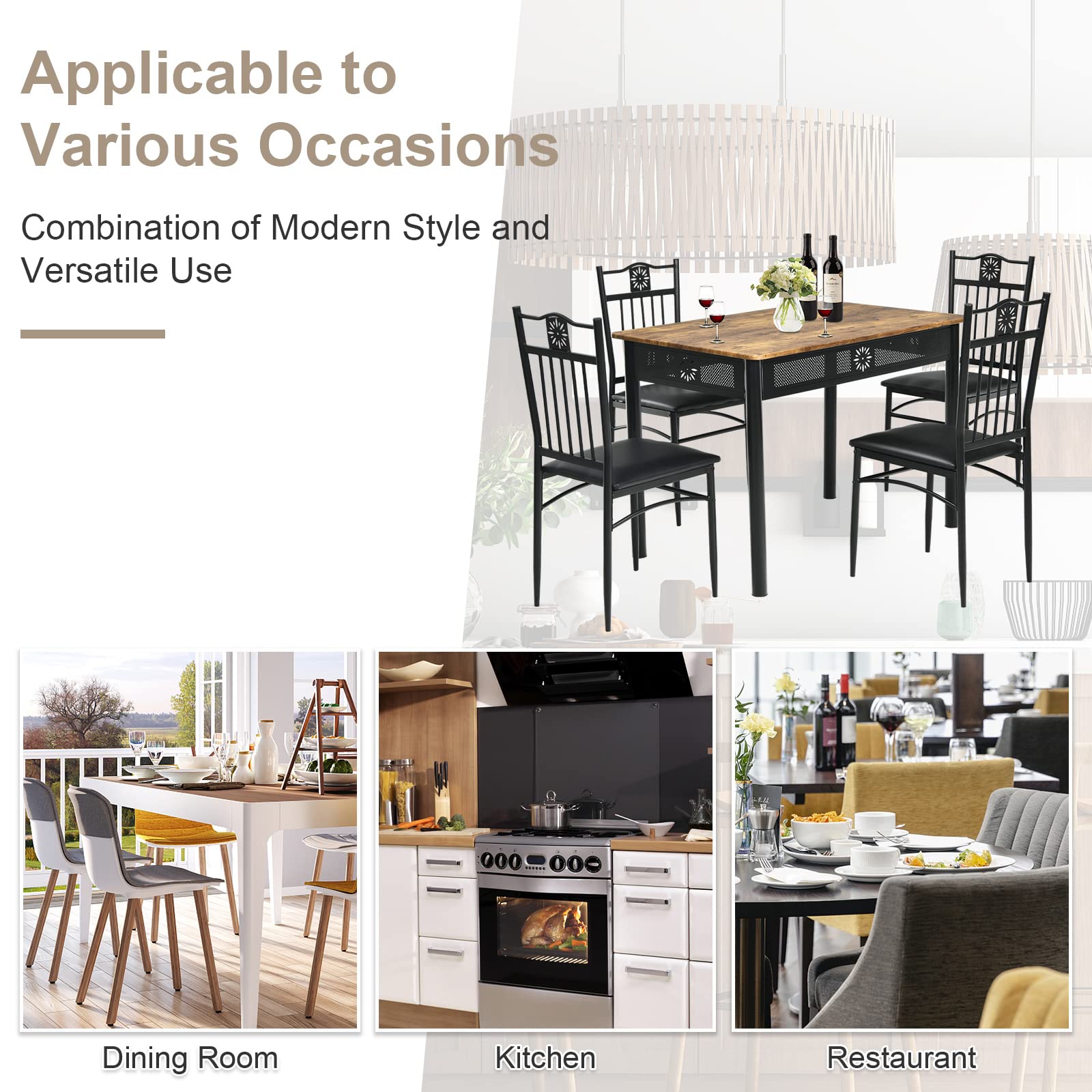 5 Piece Dining Table and Chairs Set, Vintage Retro Wood Top Metal Frame Padded Seat