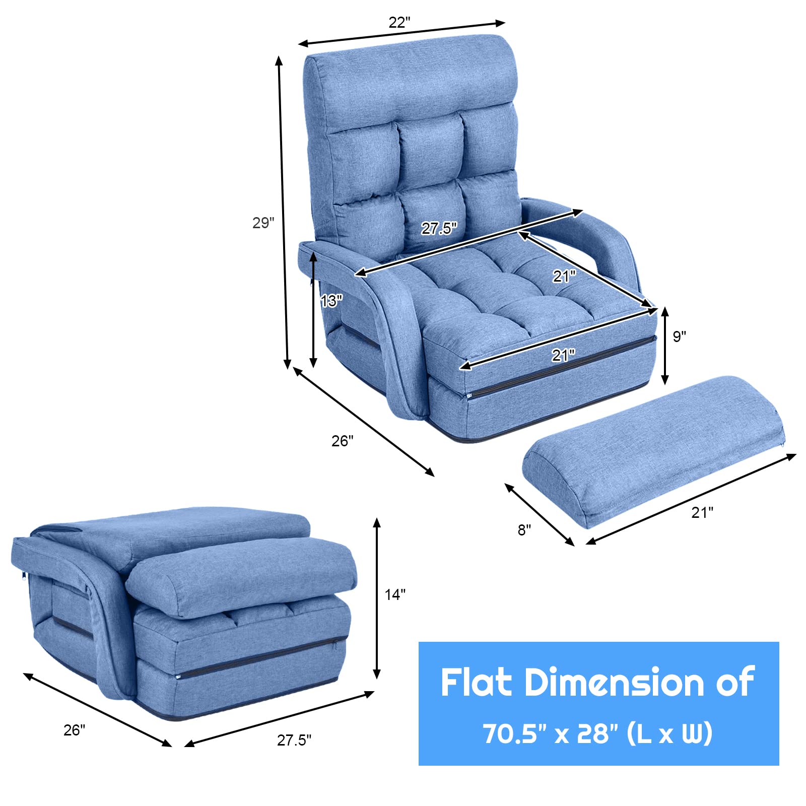 Adjustable Floor Chair, Folding Lazy Sofa Chair with 5 Positions, Detachable Seat Cushion