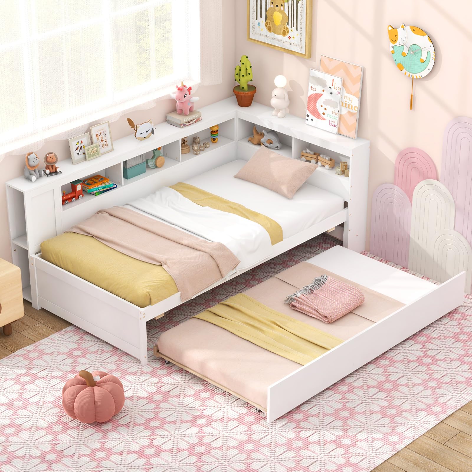 Twin Wood Daybed with Trundle, Storage Headboard, Reversible Bookcase, Bedside Shelves & Wooden Slats
