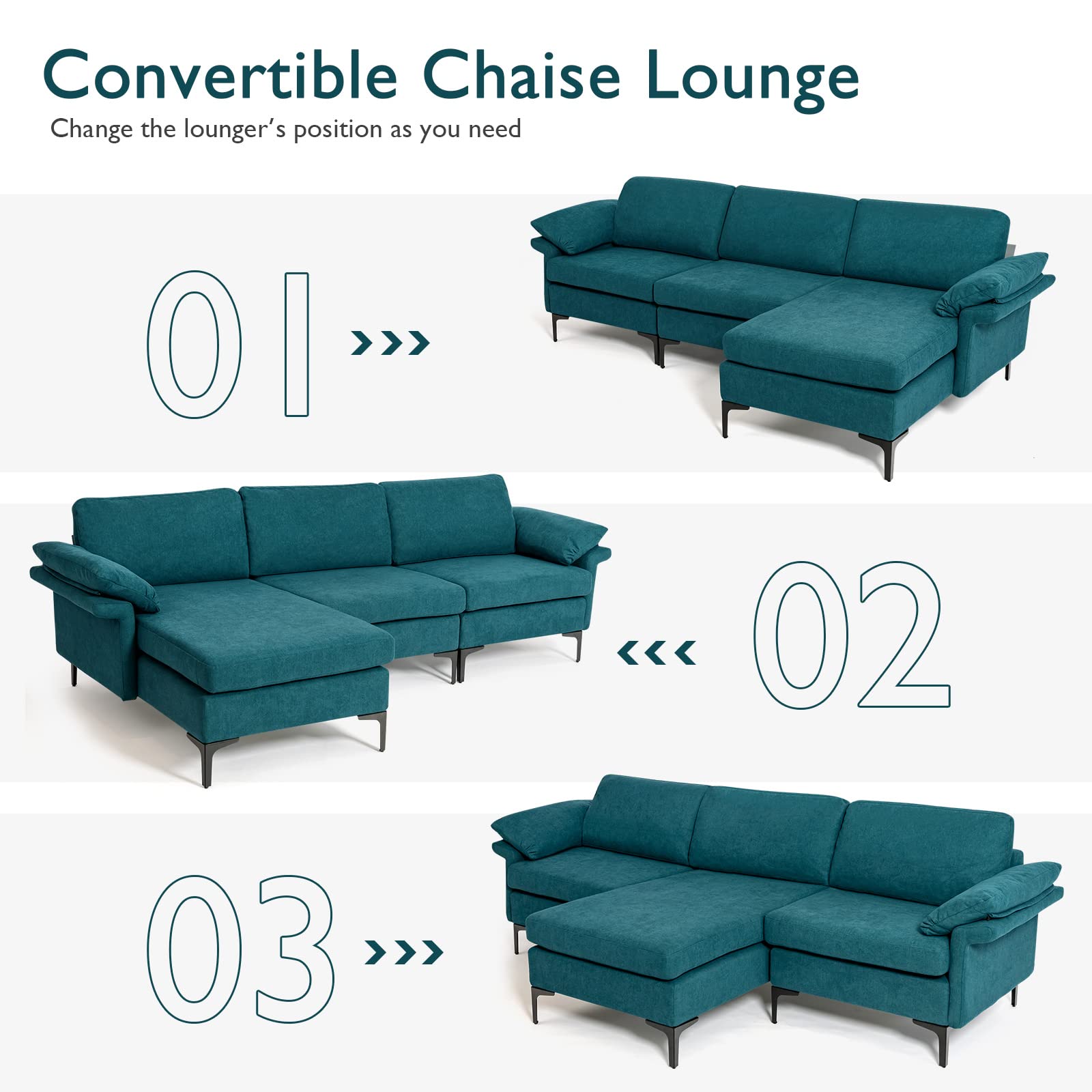 100.5 Inch Convertible L-Shaped Sectional Sofa Couch, 3-Seat Sofa with Reversible Chaise Lounge