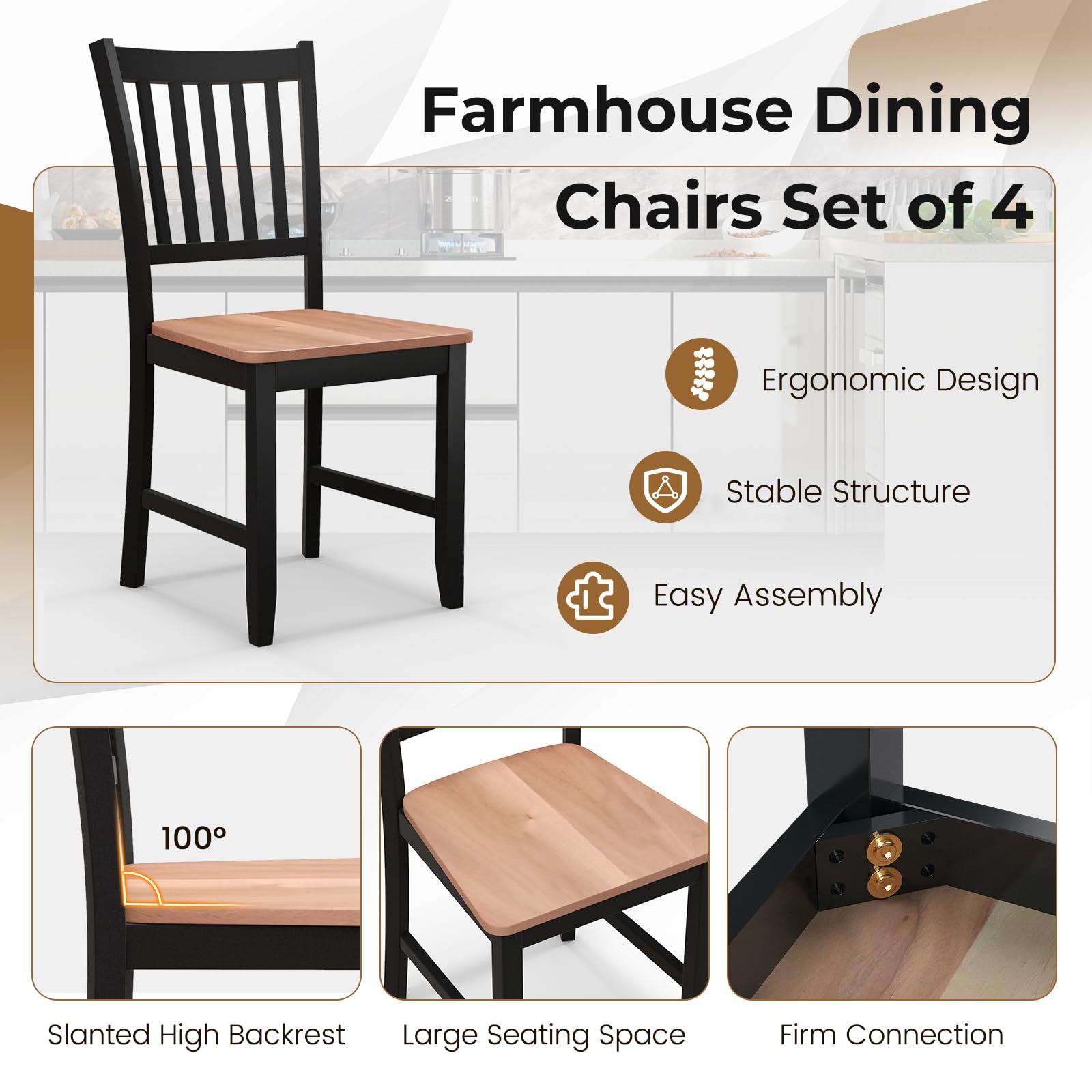 Wooden Dining Chairs Set of 4, Farmhouse Kitchen Chair with Rubber Wood Legs, Slat Back