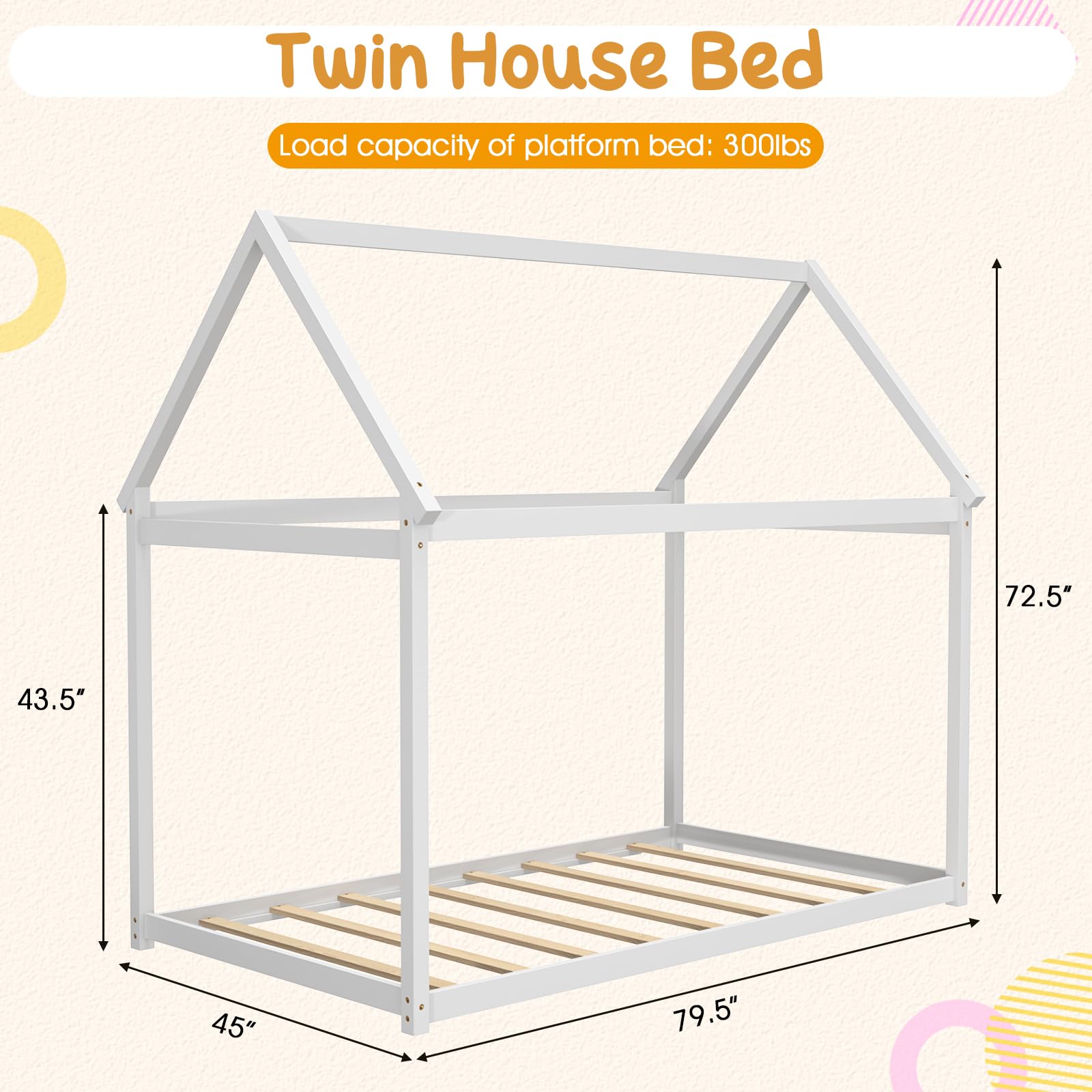 Twin Size House Bed for Kids, Solid Wood Platform Floor Bed with Roof & Multiple Slats