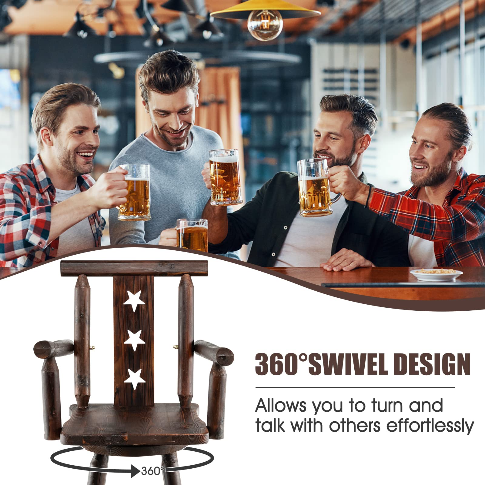 360&deg; Swivel Wood Bar Stools Set of 2 with Footrest, Decorative Star Backrest, Wide Armrest