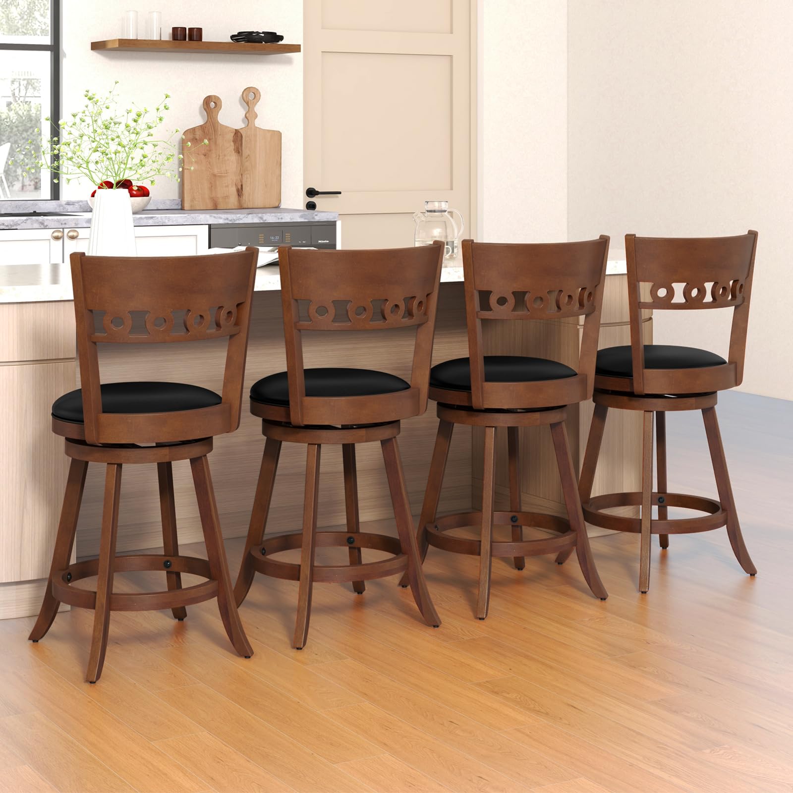 Swivel Bar Stools Set of 2/4, Bar Chairs with Back, Rubber Wood Frame