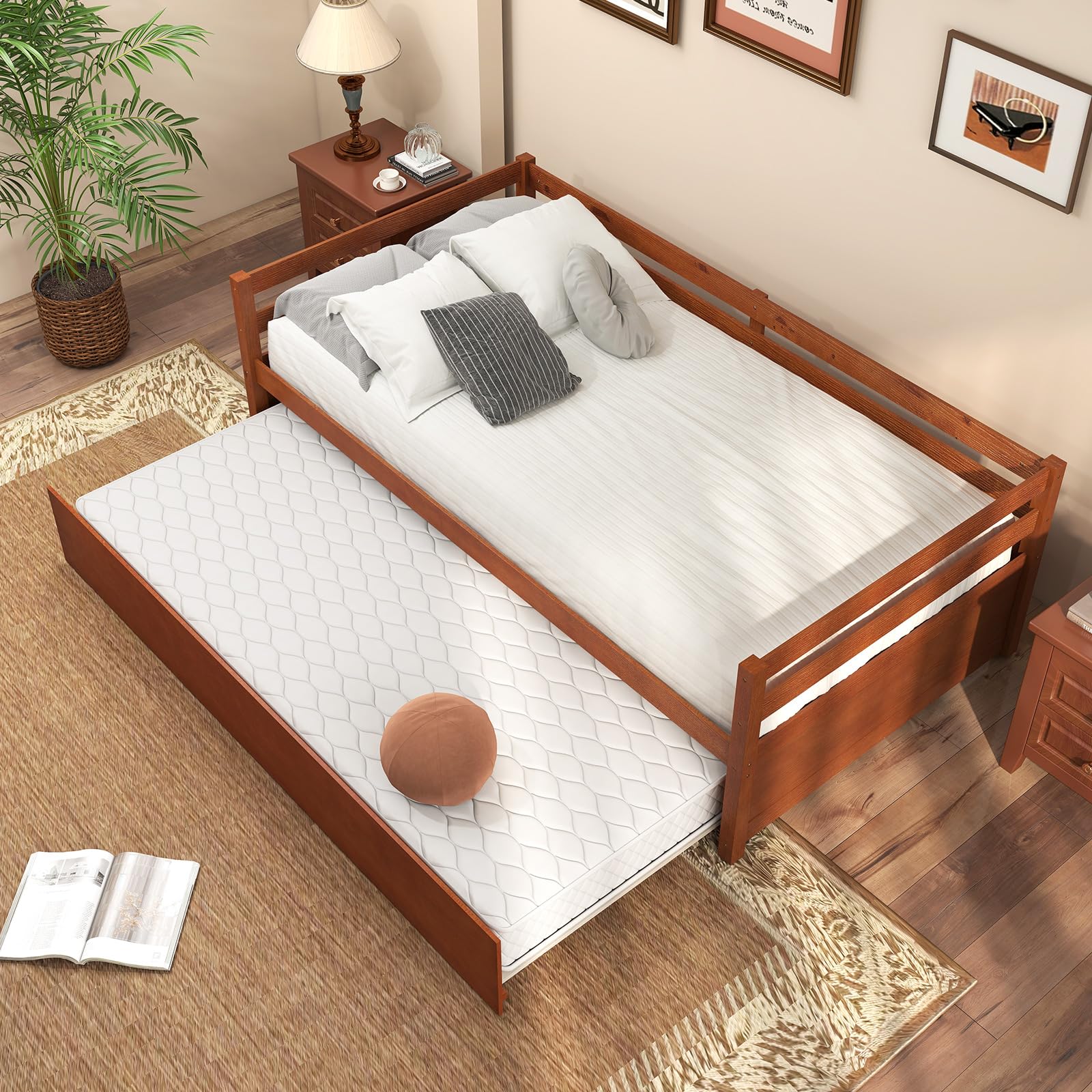 Twin Daybed with Trundle, Wood Trundle Bed with Wood Slat Support