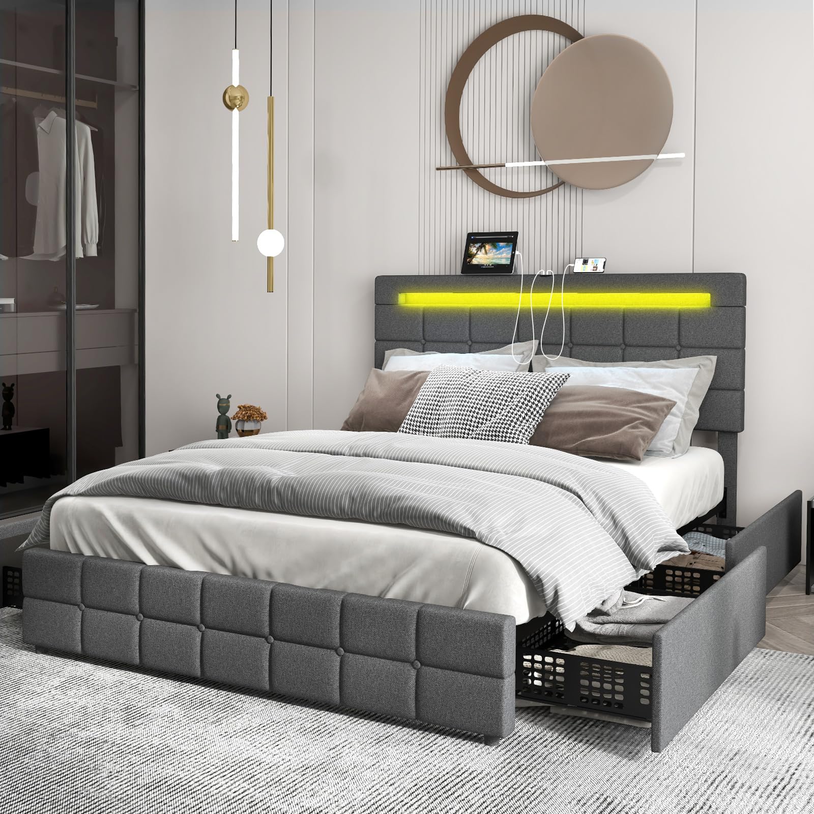 Upholstered Bed Frame with LED Lights and 4 Drawers, Height Adjustable Headboard with USB Ports