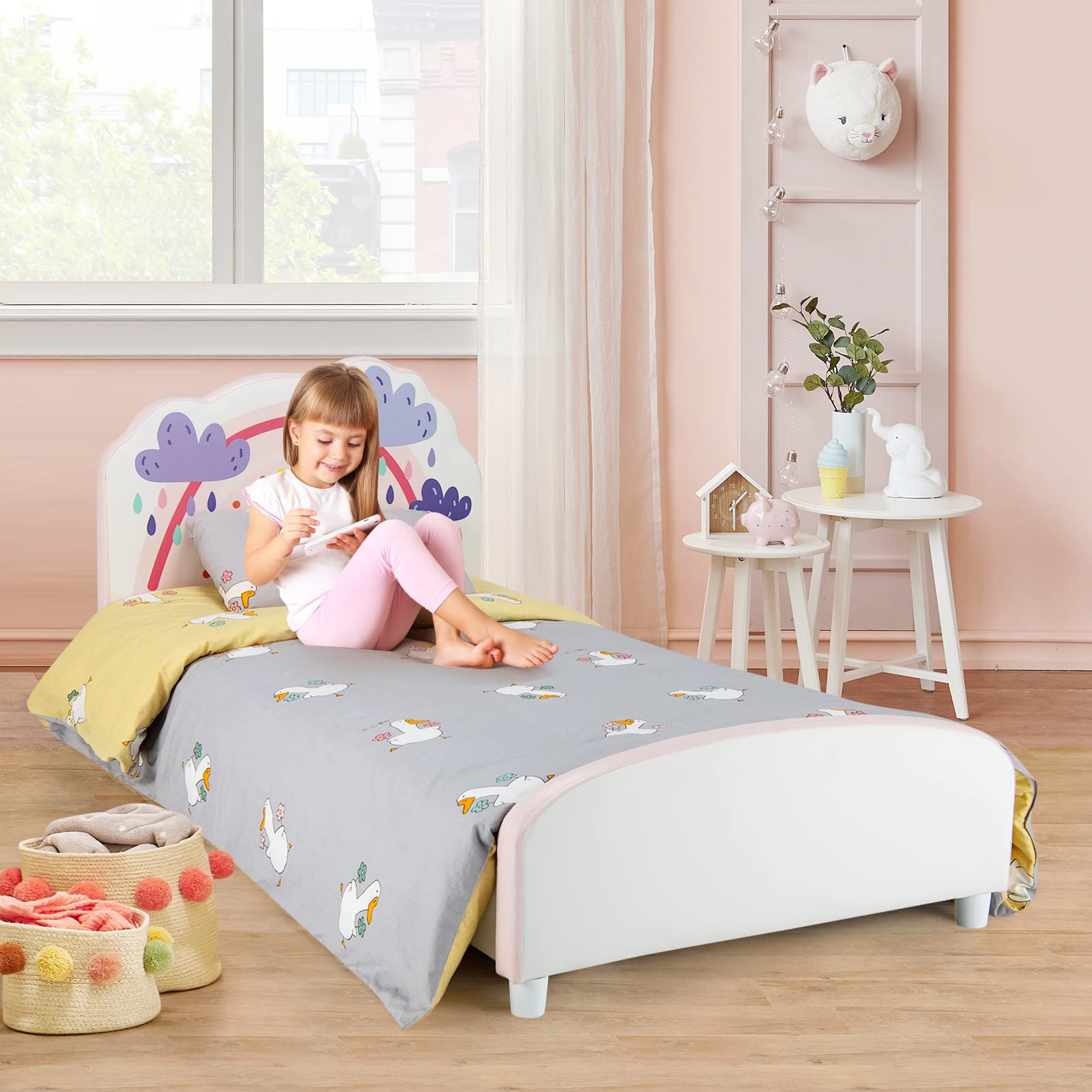 Kids Bed, Toddler Upholstered Platform Floor Bed w/Headboard & Wooden Slat Base