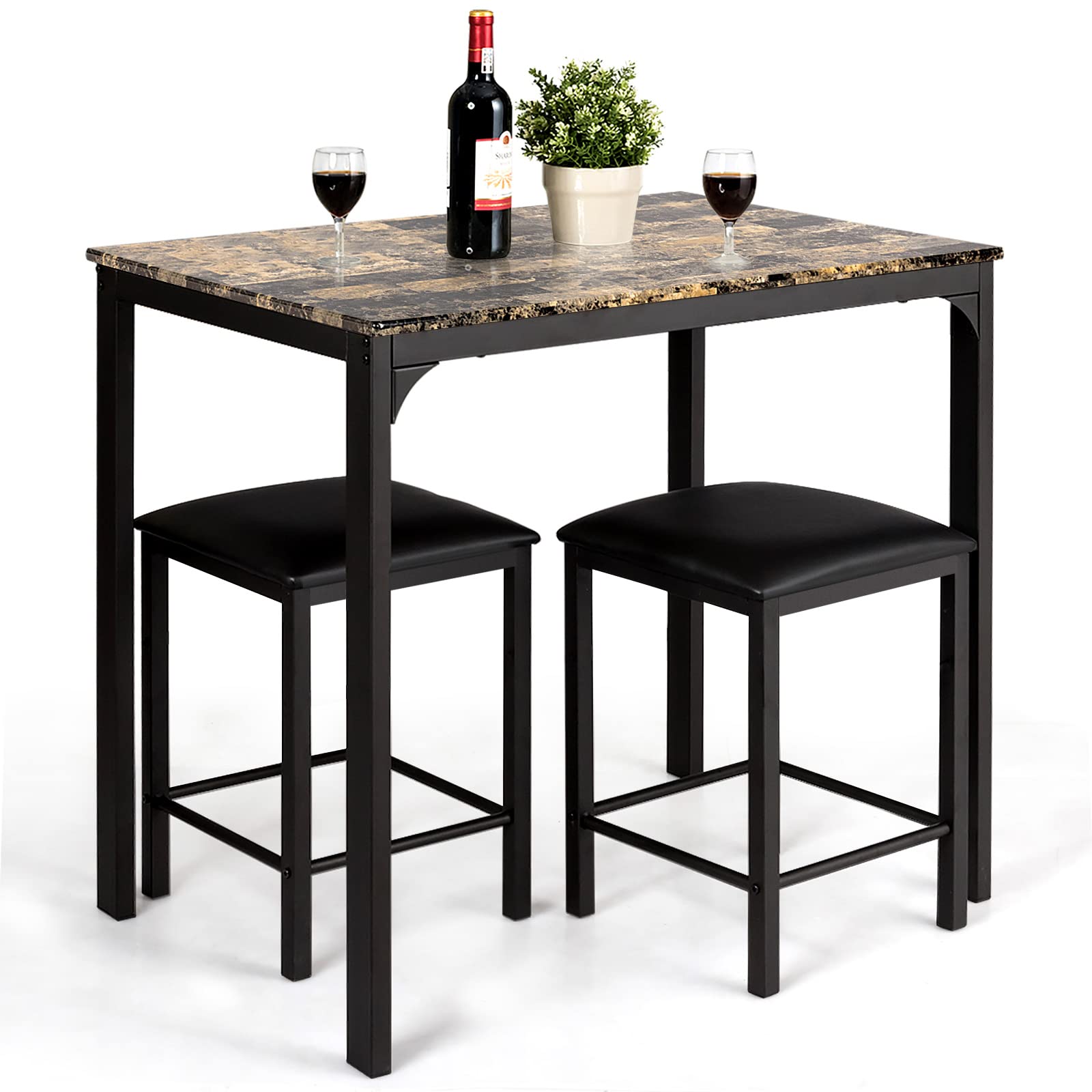 3 Piece Dining Table and Chairs Set with Faux Marble Tabletop 2 Chairs