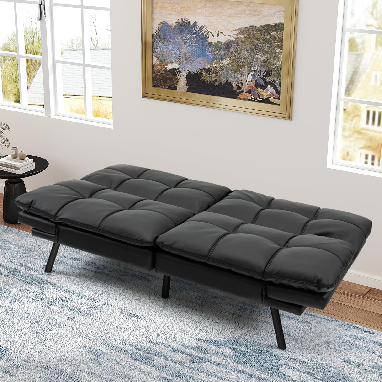 Futon Sofa Bed, Faux Leather Memory Foam Convertible Futon Couch with Adjustable Backrest & Armrests