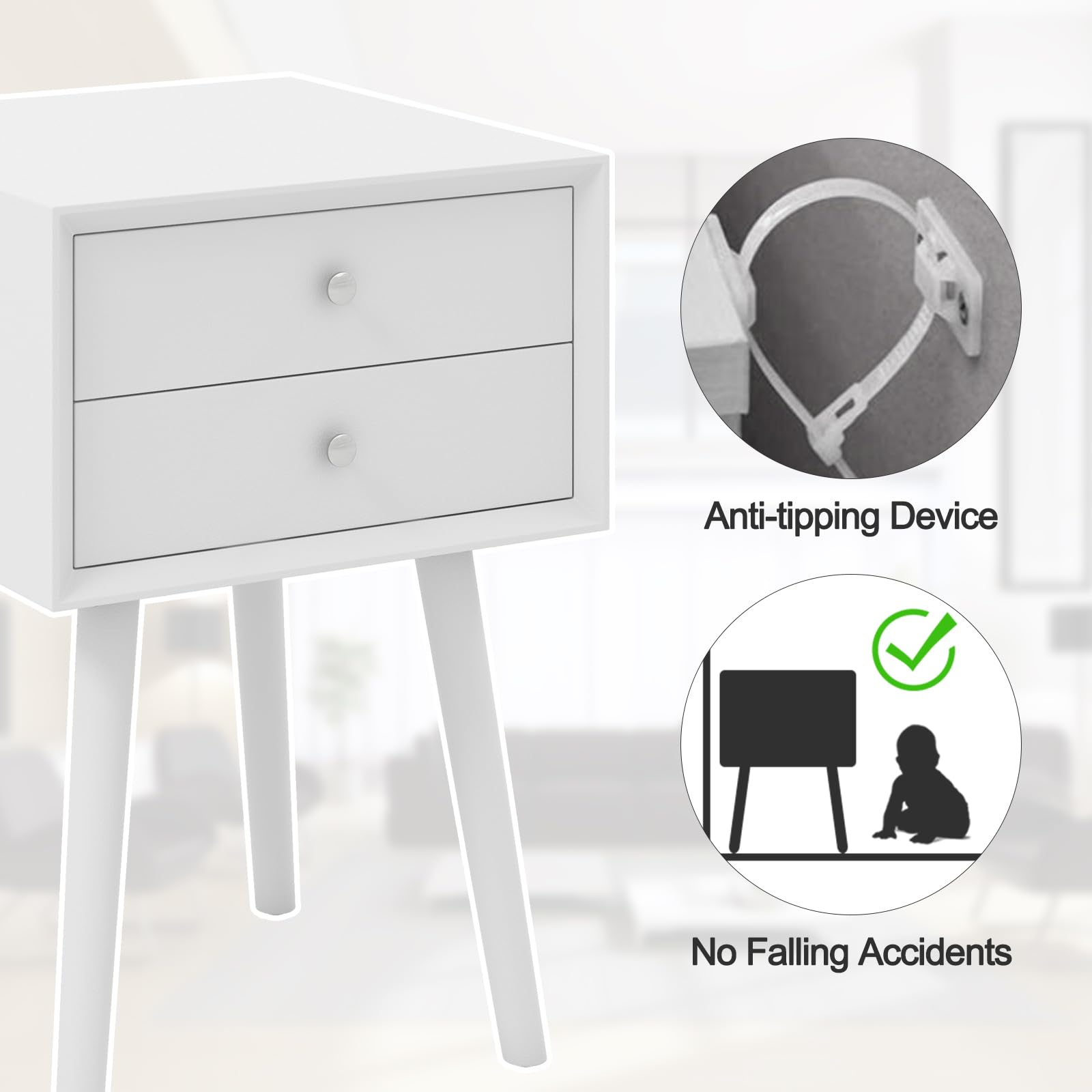 2-Drawer Nightstand, Mid-Century Modern Bed Side Table with Storage