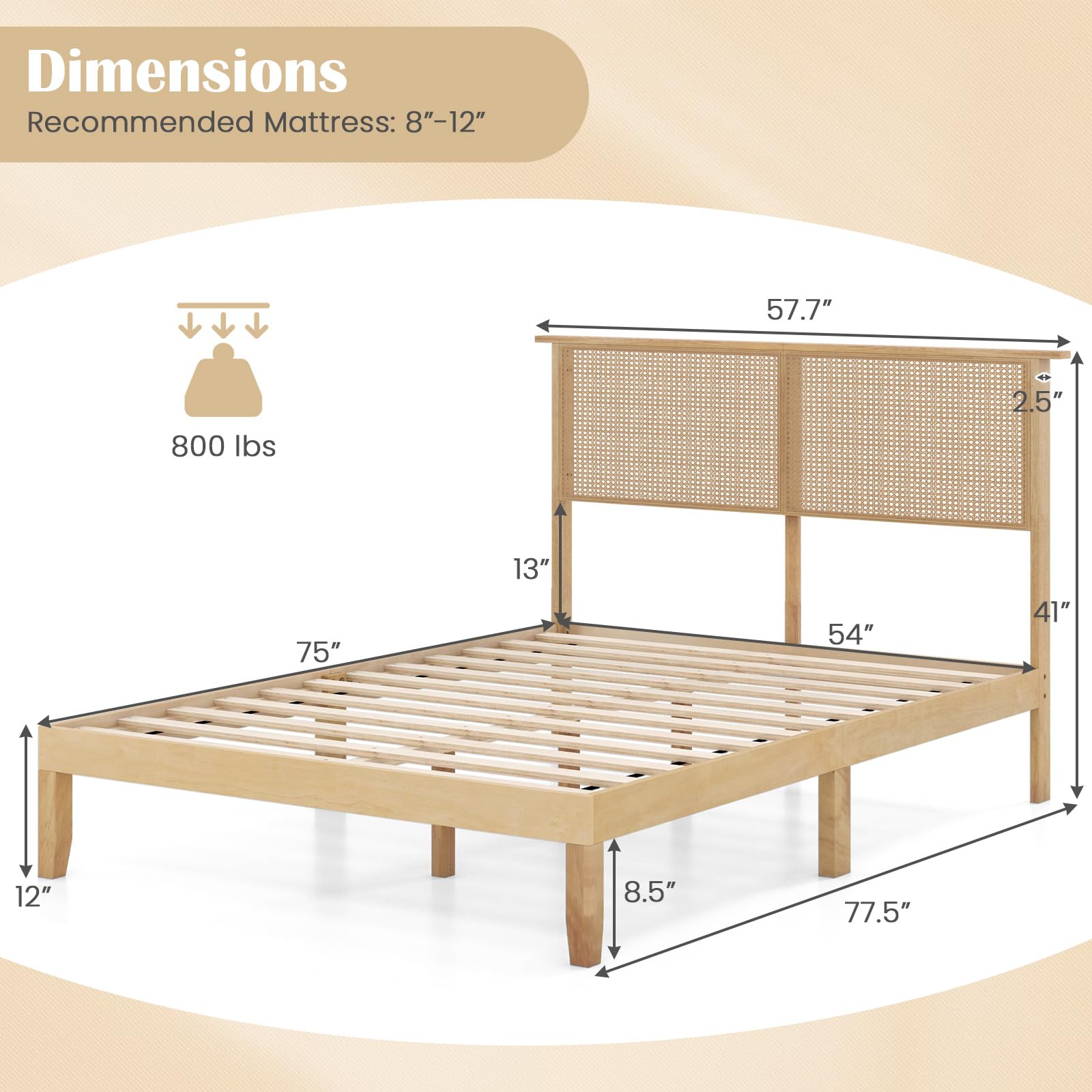 Wood Platform Bed Frame with Rattan Headboard, Wooden Slats & Under-Bed Storage