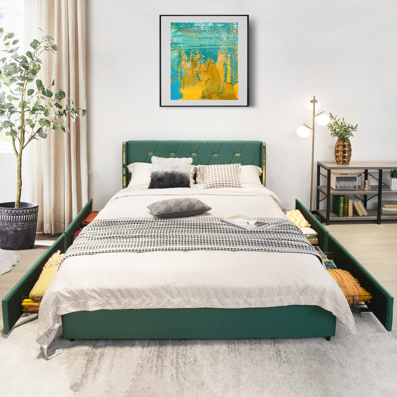Full/Queen Upholstered Bed Frame with 4 Rolling Storage Drawers, Space Saving PU Leather Bed Frame