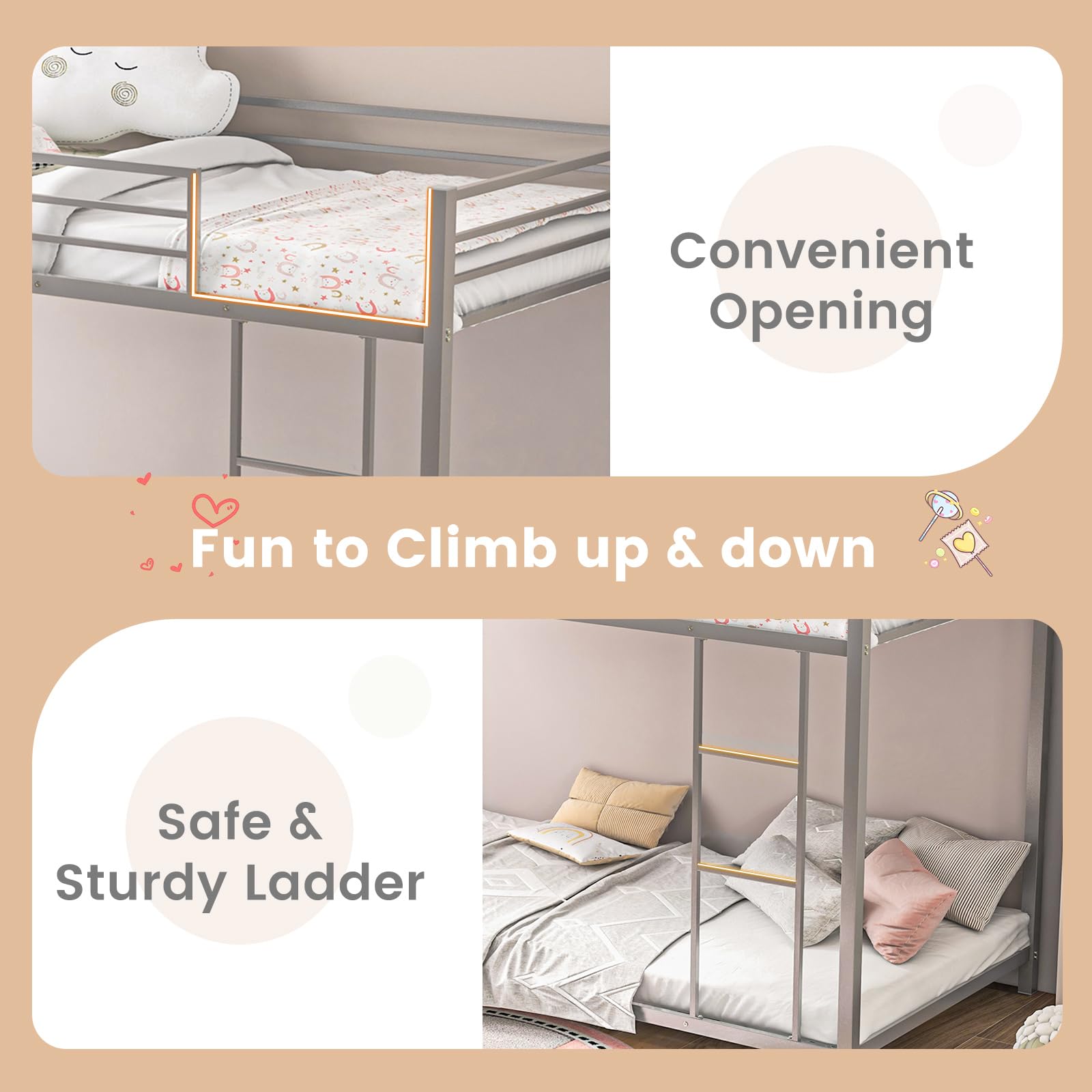 Twin Over Twin Metal Low Floor Bunk Bed with Safety Guard Rail & Ladder