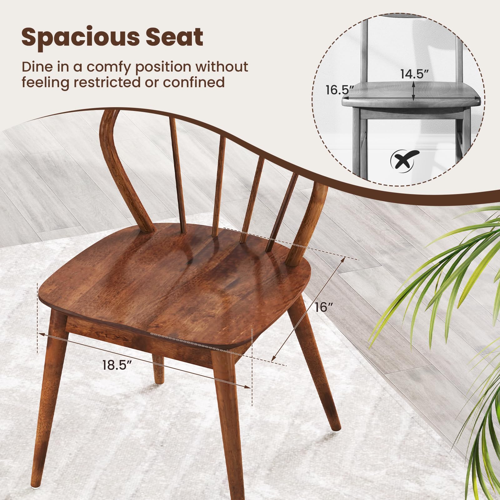 Wooden Dining Chairs Set of 2/4, Windsor Kitchen Chairs w/High Spindle Back & Rubber Wood Legs, Wide Seat & Curved Backrest
